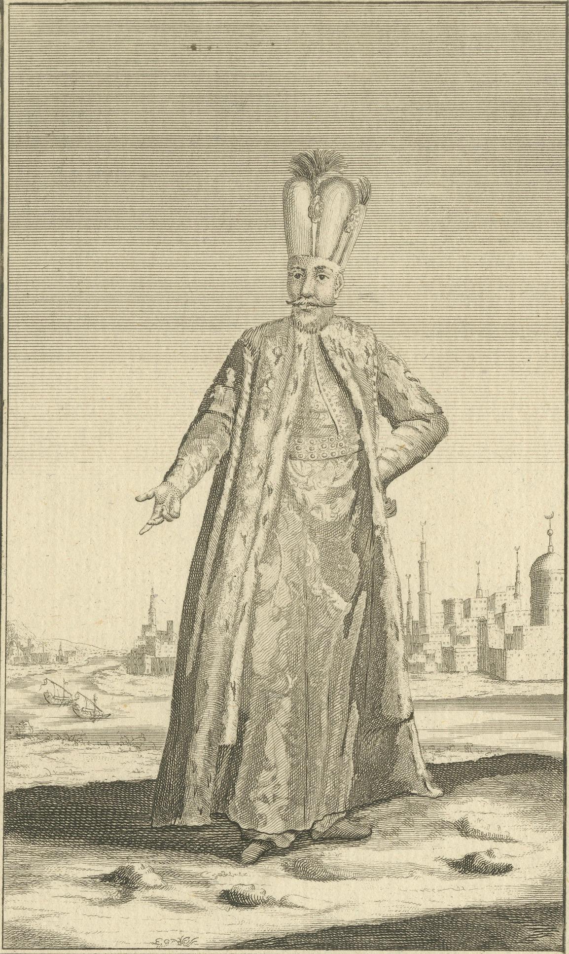 Ottoman Sultan Portrait Engraving, Constantinople View, c.1738