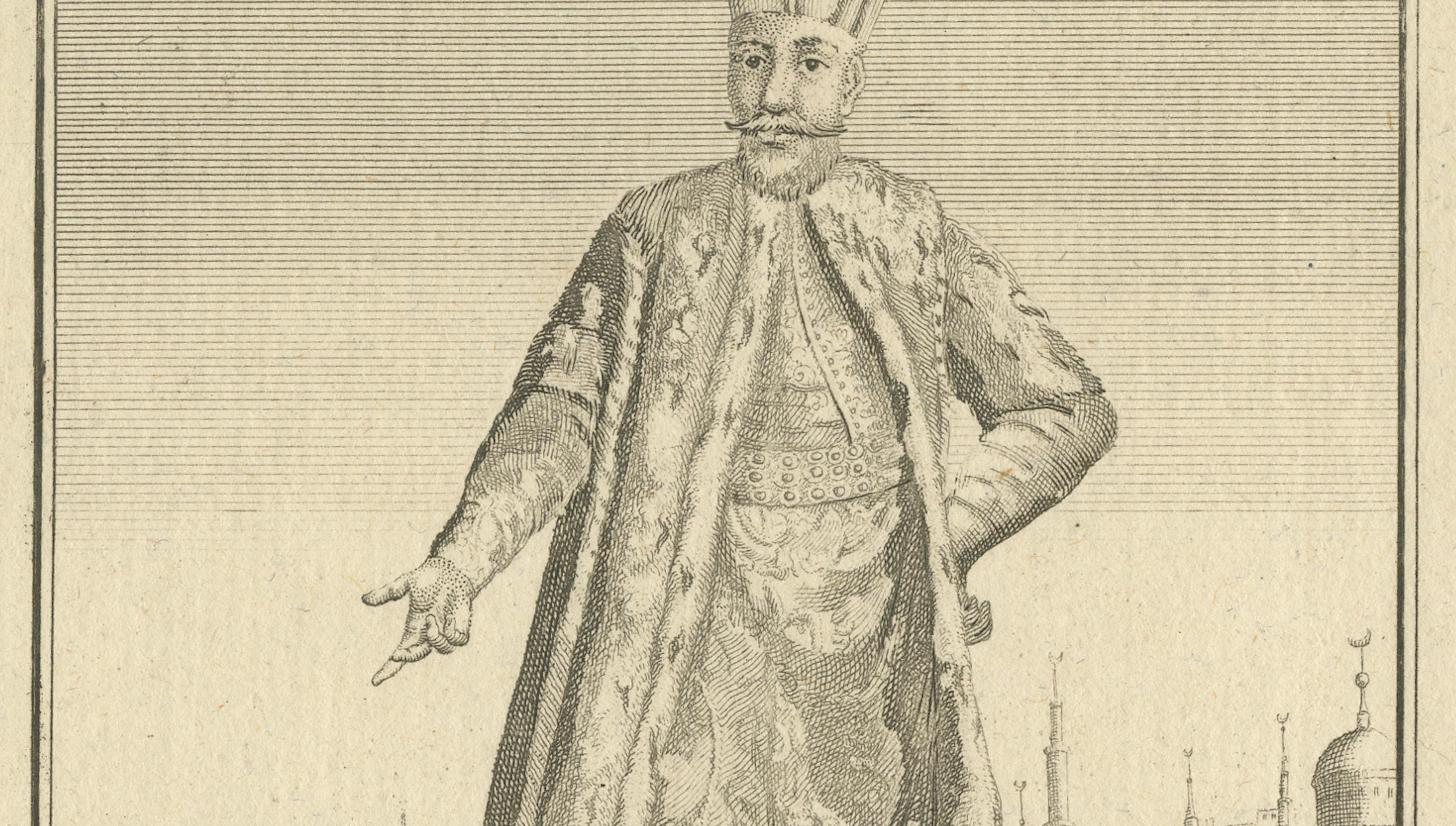 Ottoman Sultan Portrait Engraving, Constantinople View, c.1738