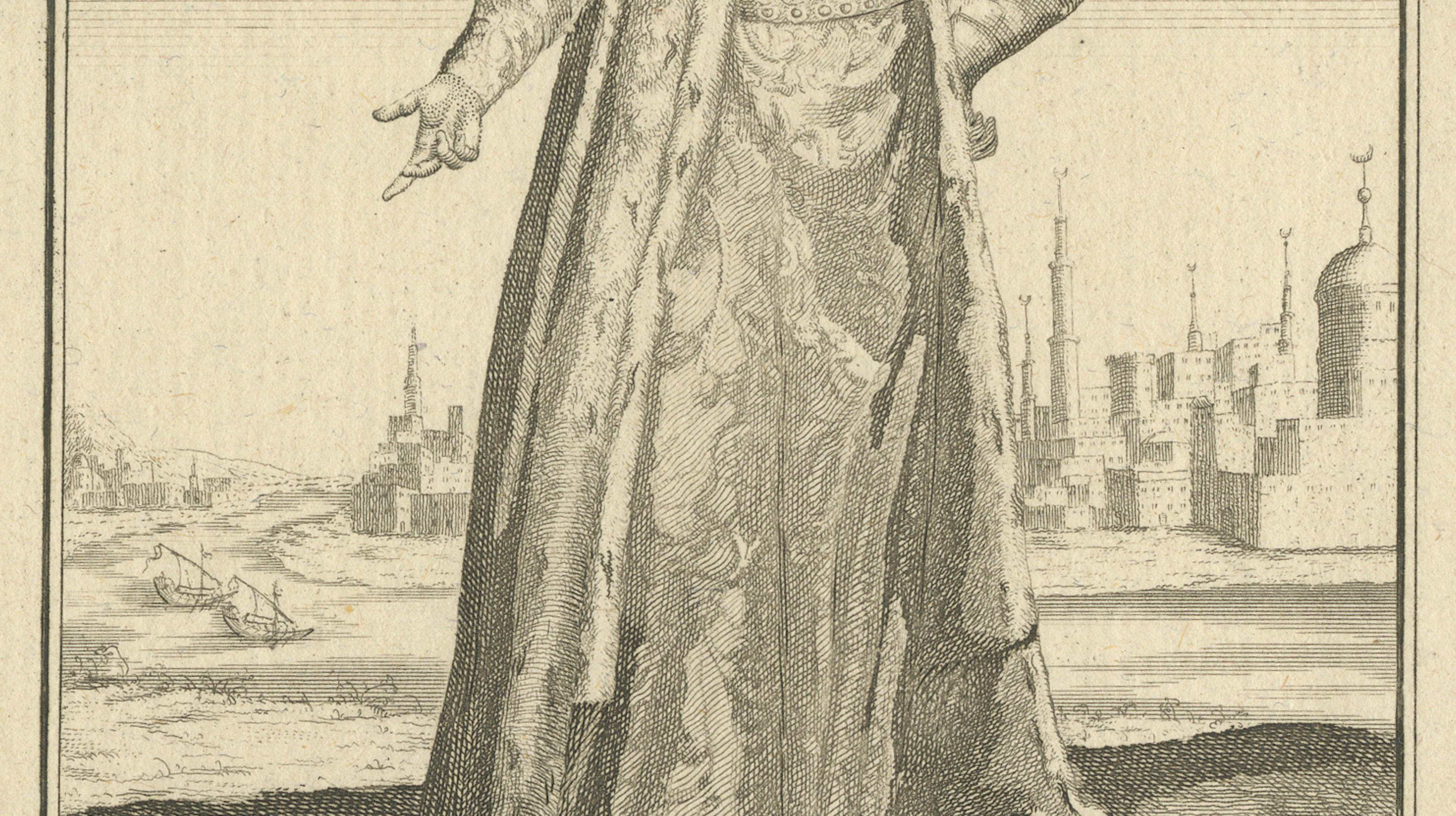 Ottoman Sultan Portrait Engraving, Constantinople View, c.1738