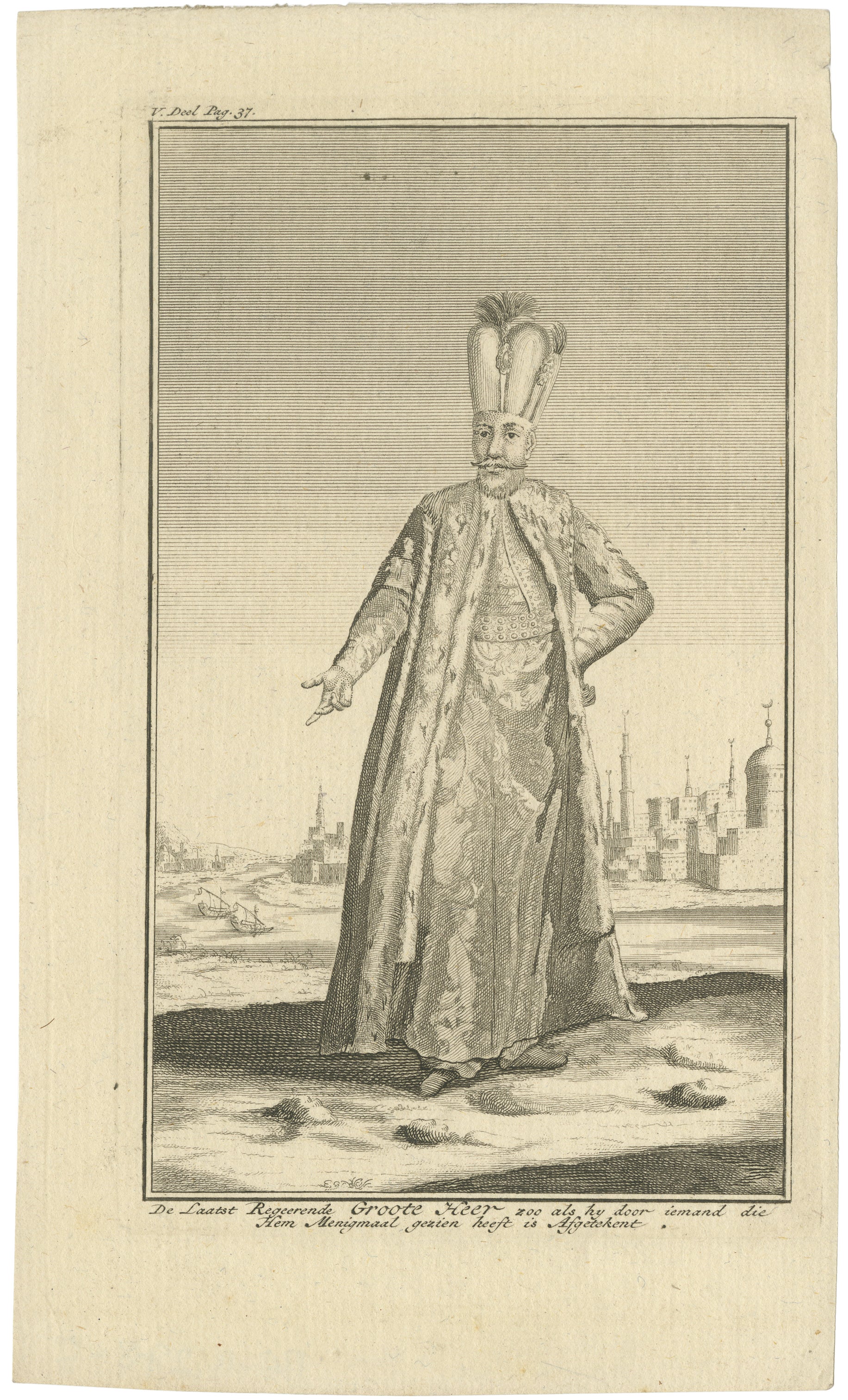Ottoman Sultan Portrait Engraving, Constantinople View, c.1738