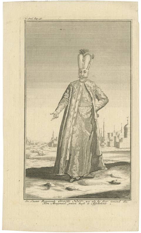 Ottoman Sultan Portrait Engraving, Constantinople View, c.1738