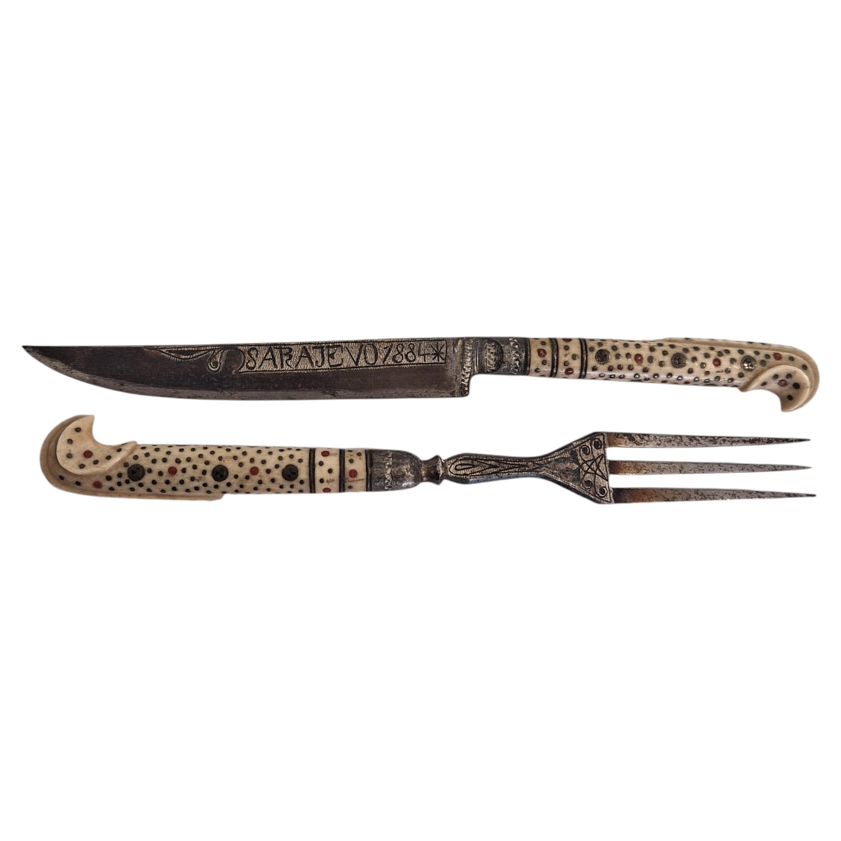 Ottoman travel cutlery from Sarajevo, knife and fork with wooden handles