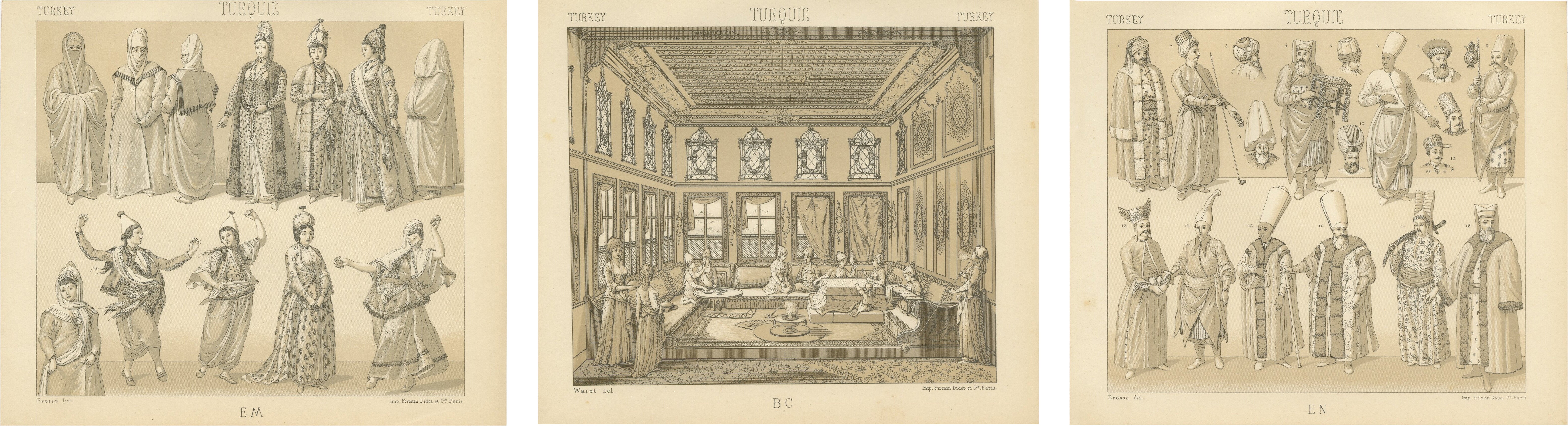 Ottoman Turkey Costume & Interior Lithographs, Paris c.1888 Set of 3