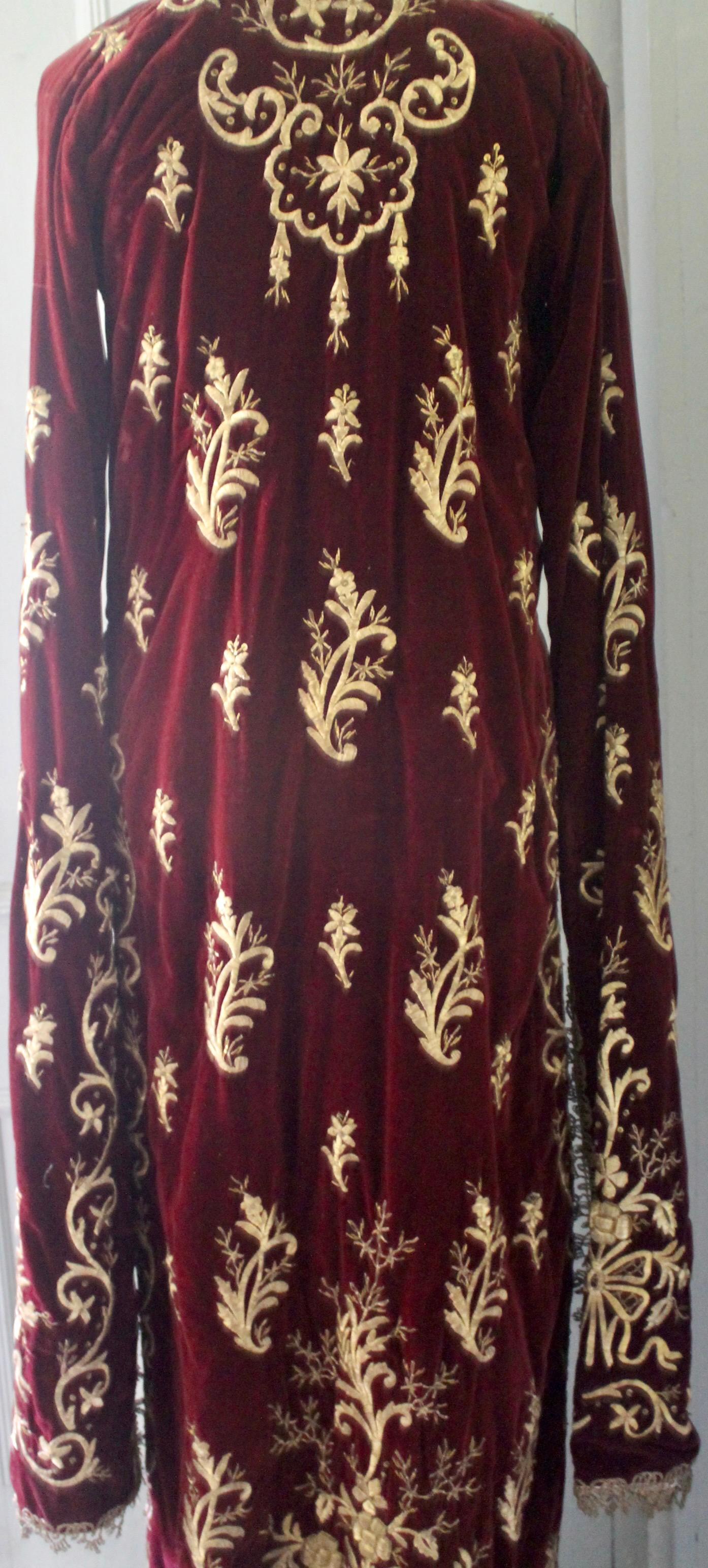 Velvet Ottoman Turkish 'Bindalli' Wedding Dress Hand Embroidered Gold Thread Late 19c. For Sale