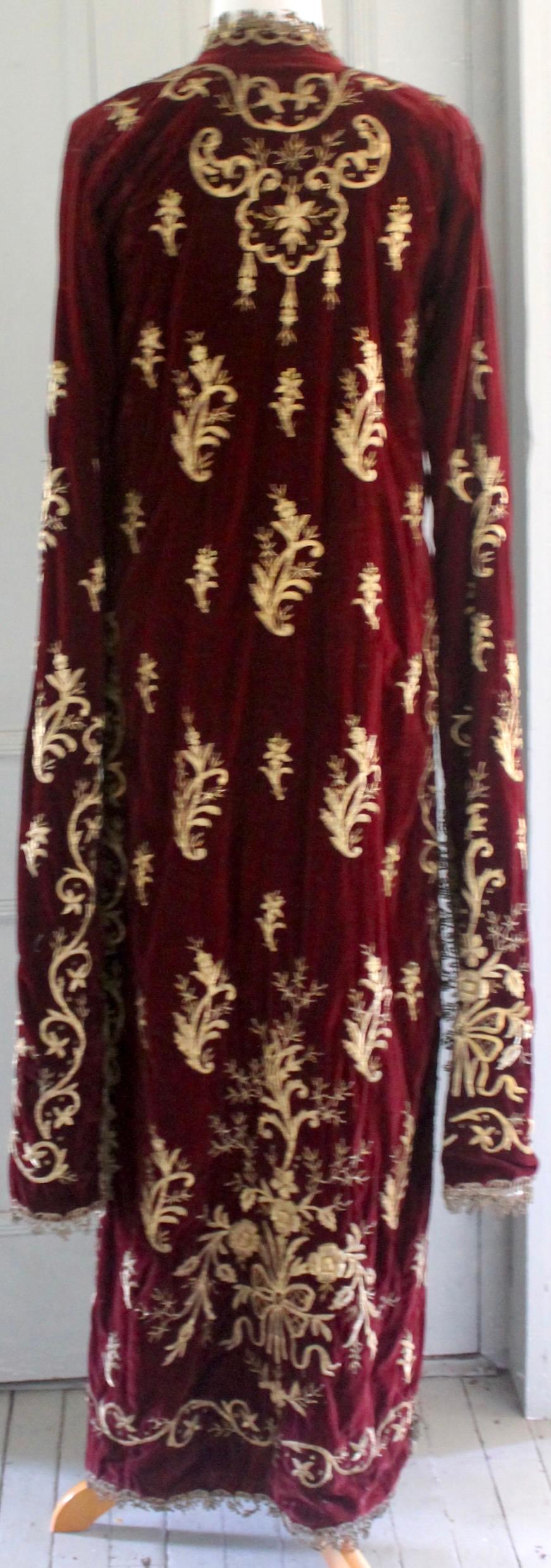 An ottoman Turkish Wedding Robe c. 1850-1900. Gold/metal thread, hand embroidered on deep burgundy colored velvet.