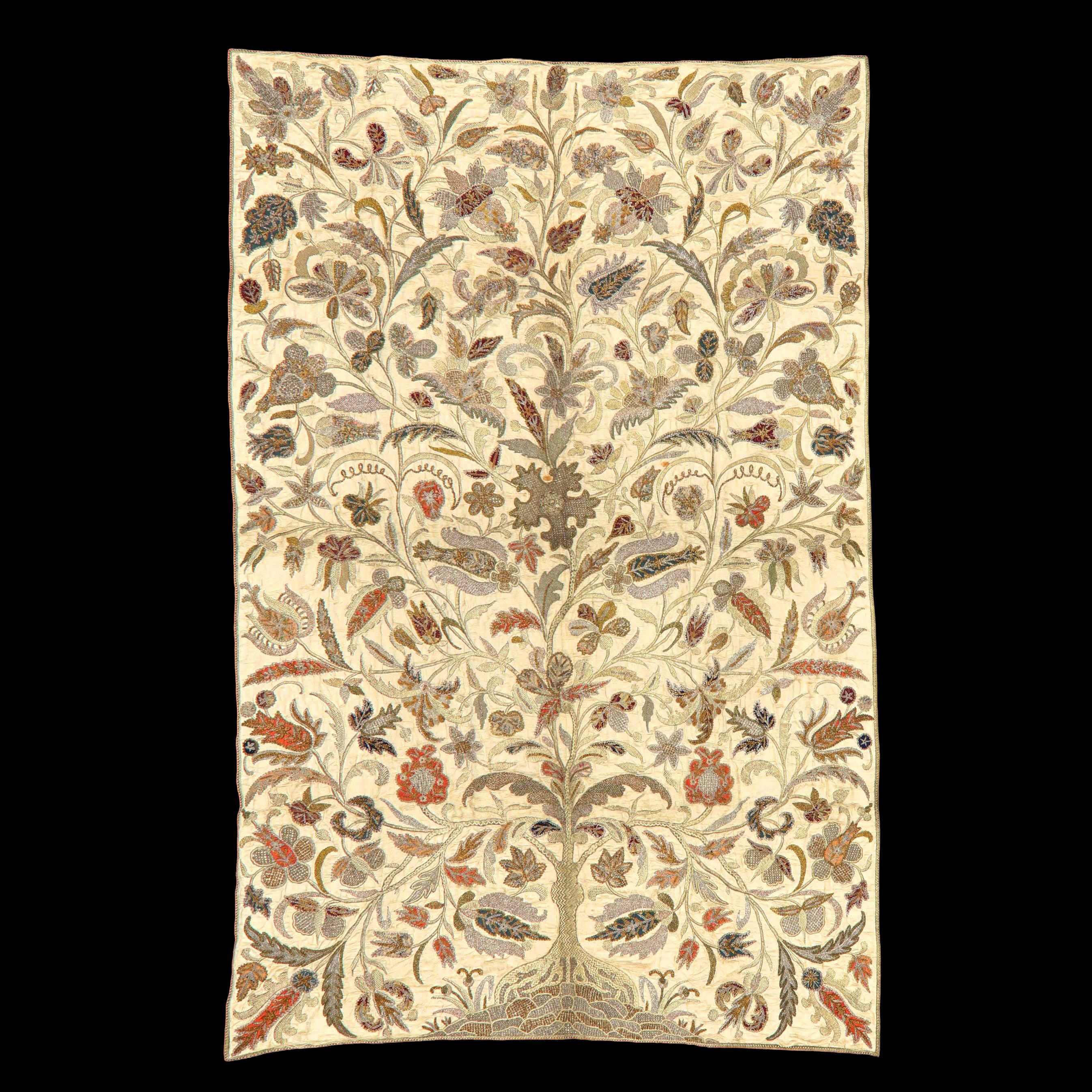Islamic Ottoman Goldwork Embroidered and Appliqué Panel in the Arabesques style

Likely originating in the first half of the 1800's, this textile is constructed from metallic thread: Gold, Platinum, silver, and brocaded silk applied to a silk