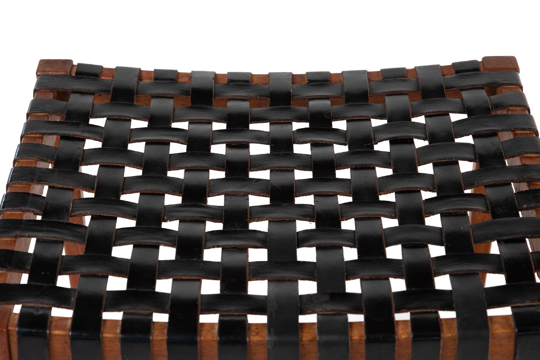American Ottomans After Mel Swilow in Woven Black Leather and Walnut