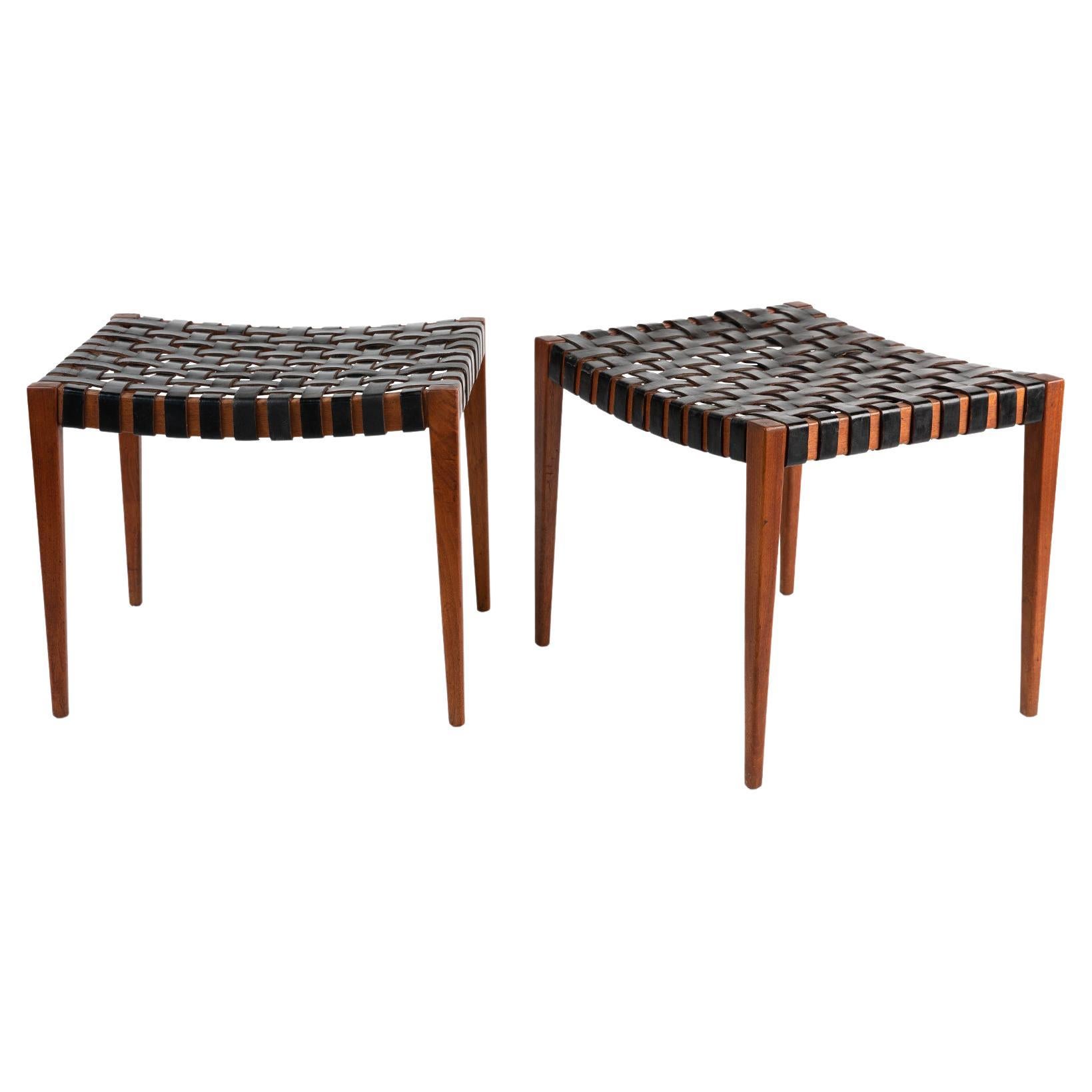 Ottomans After Mel Swilow in Woven Black Leather and Walnut