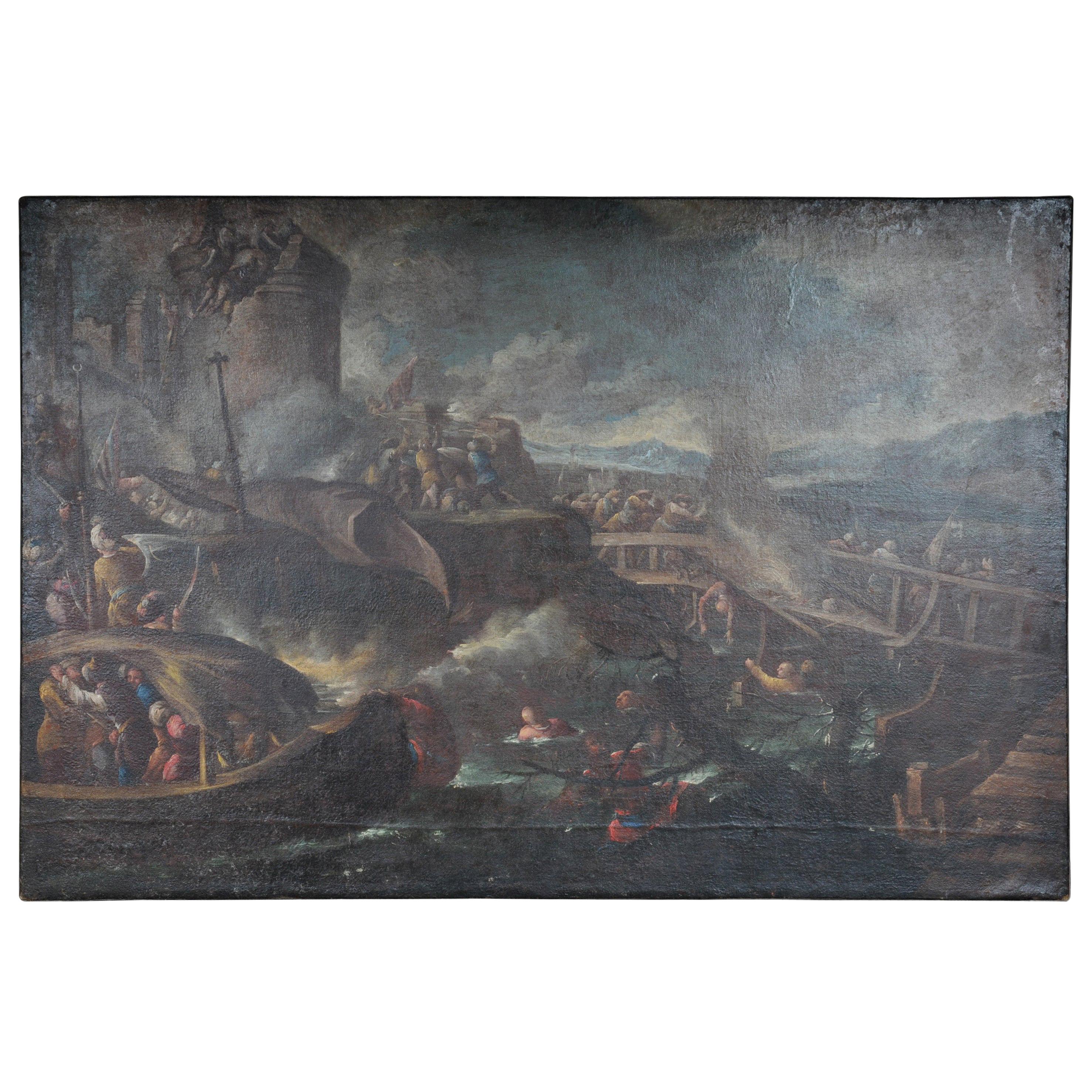 Ottomans Oil Painting Battle Scene from 1740 For Sale