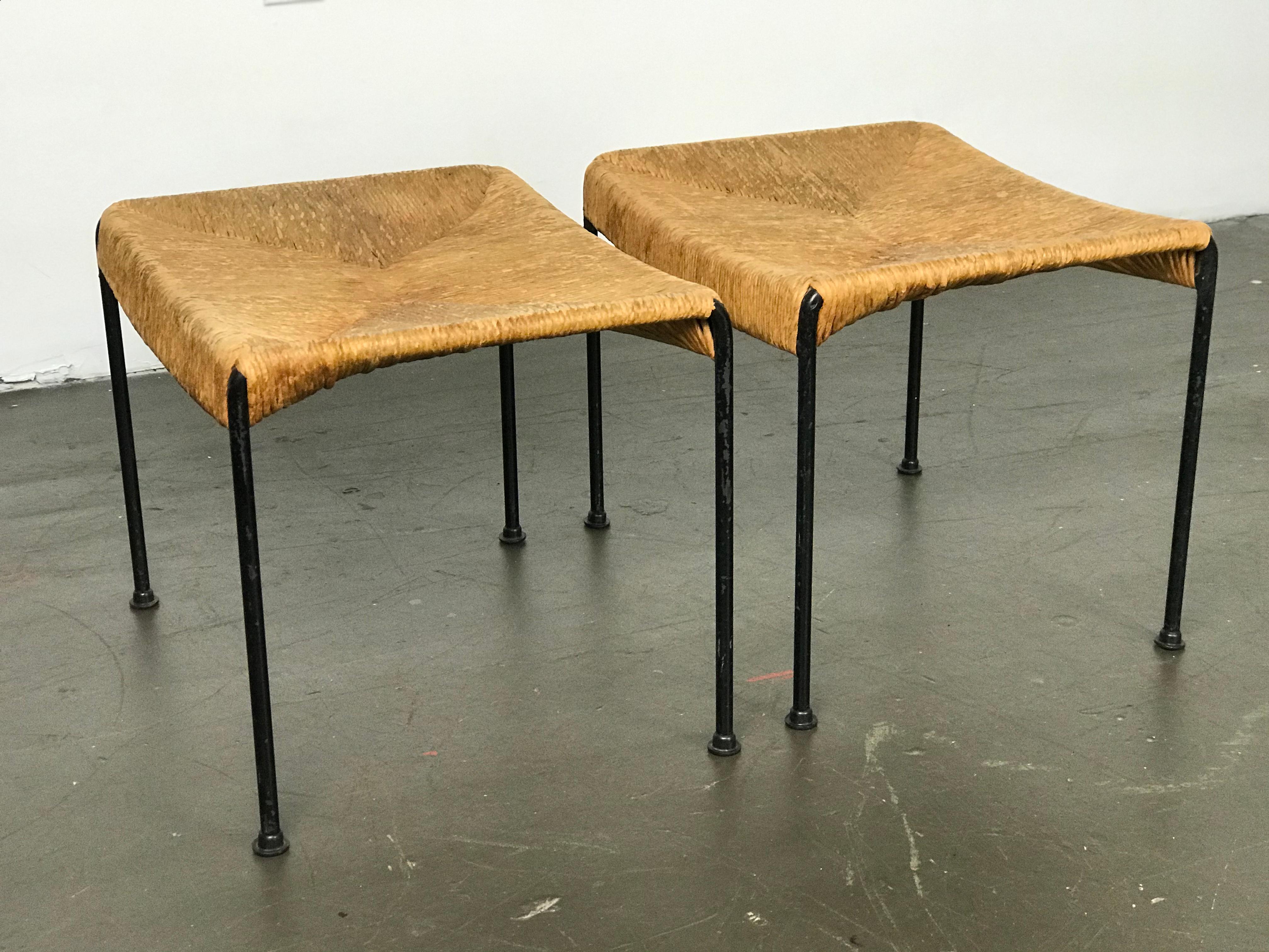 Mid Century Modern Ottomans or Stools in Rope and Iron by Arthur Umanoff  7