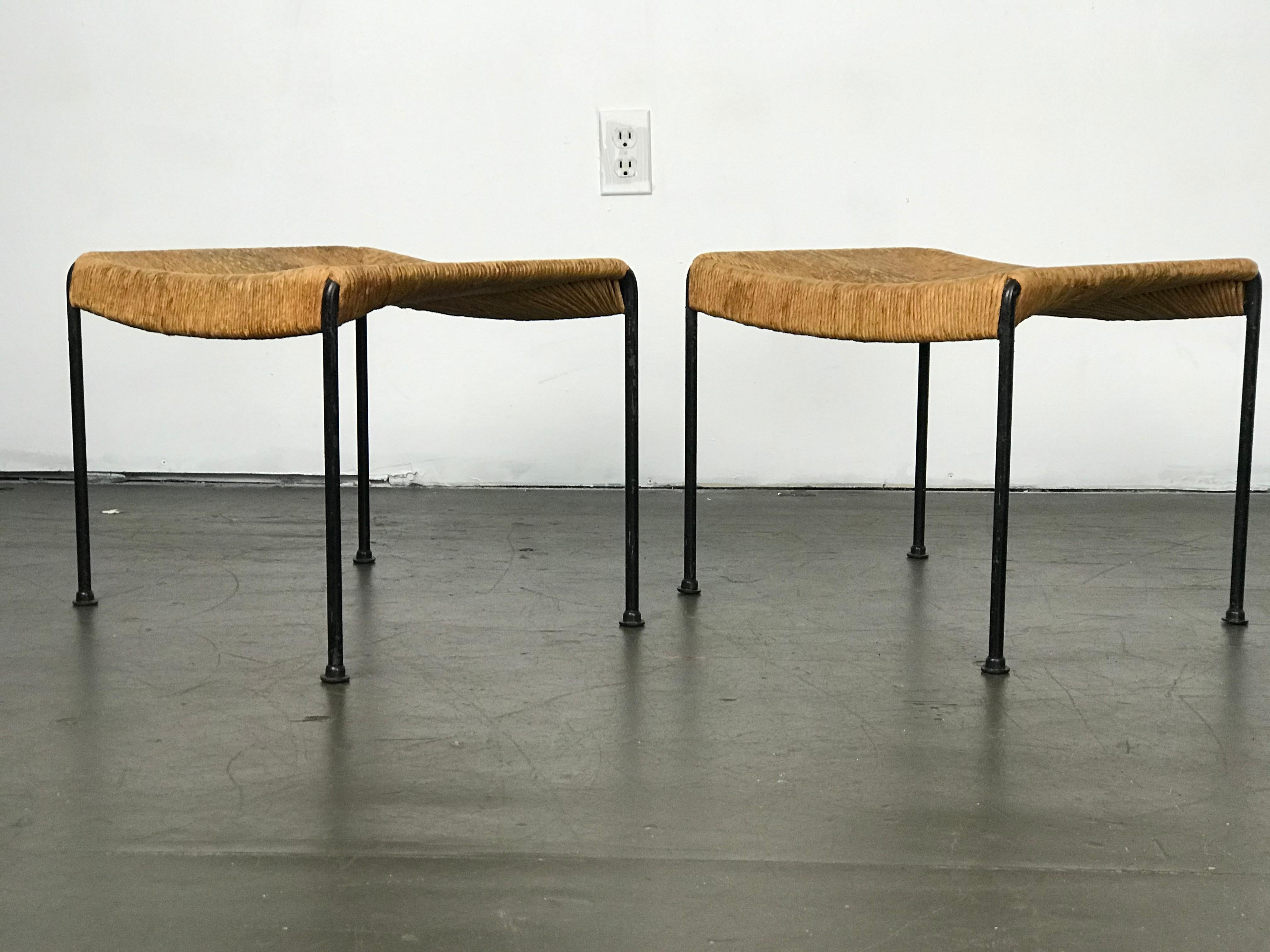 Mid-Century Modern Mid Century Modern Ottomans or Stools in Rope and Iron by Arthur Umanoff 