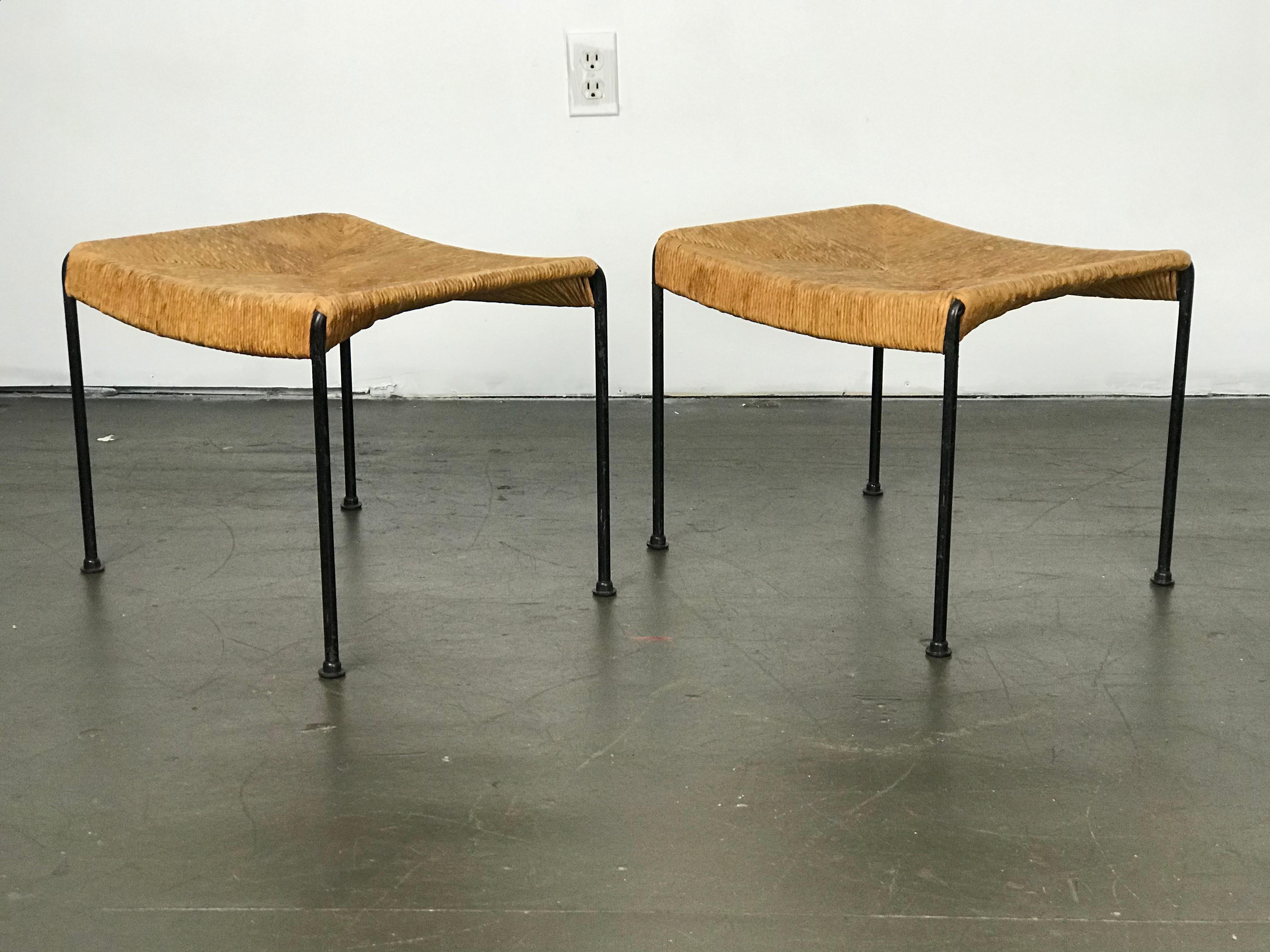 American Mid Century Modern Ottomans or Stools in Rope and Iron by Arthur Umanoff