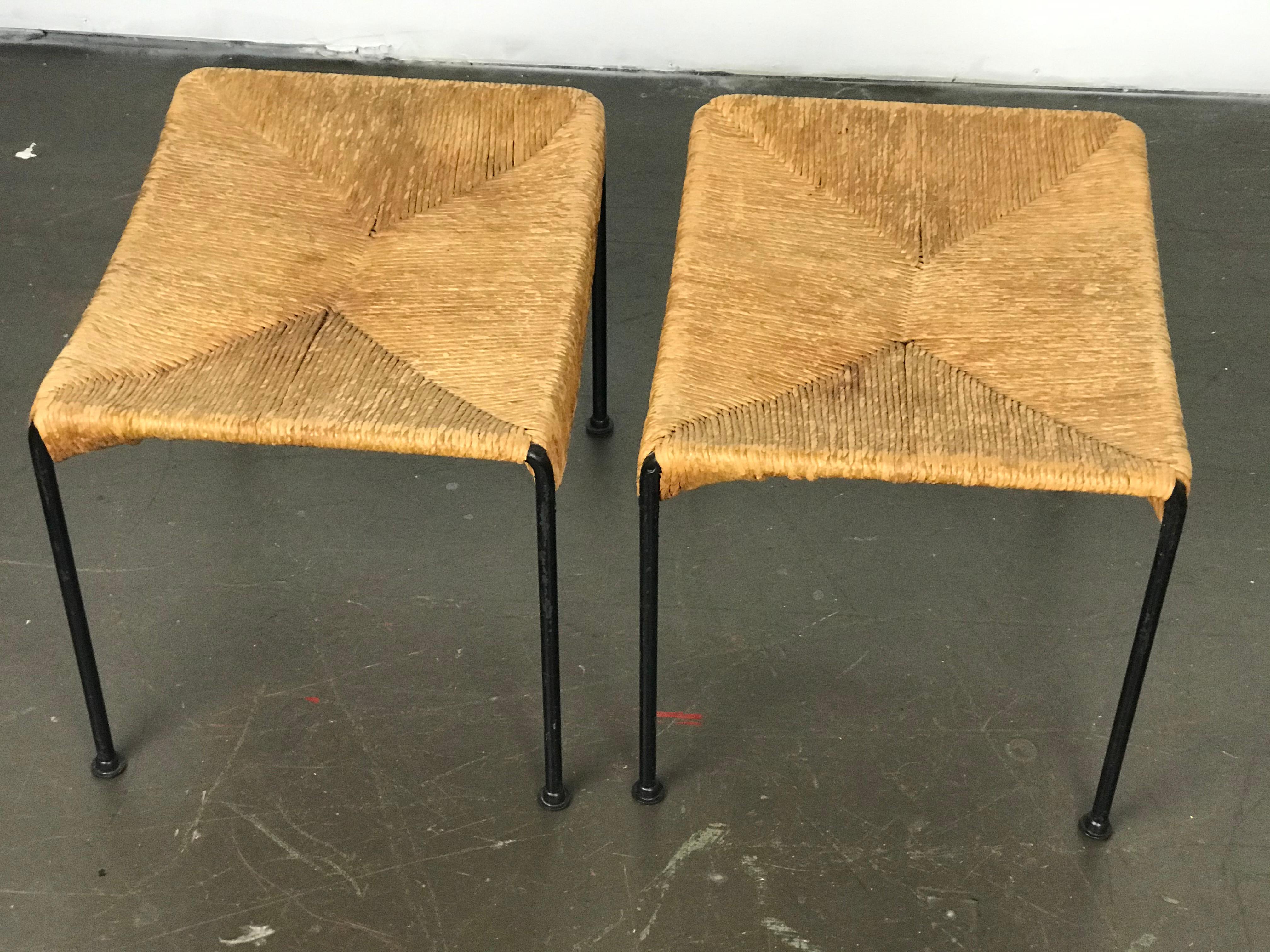 Mid Century Modern Ottomans or Stools in Rope and Iron by Arthur Umanoff 1