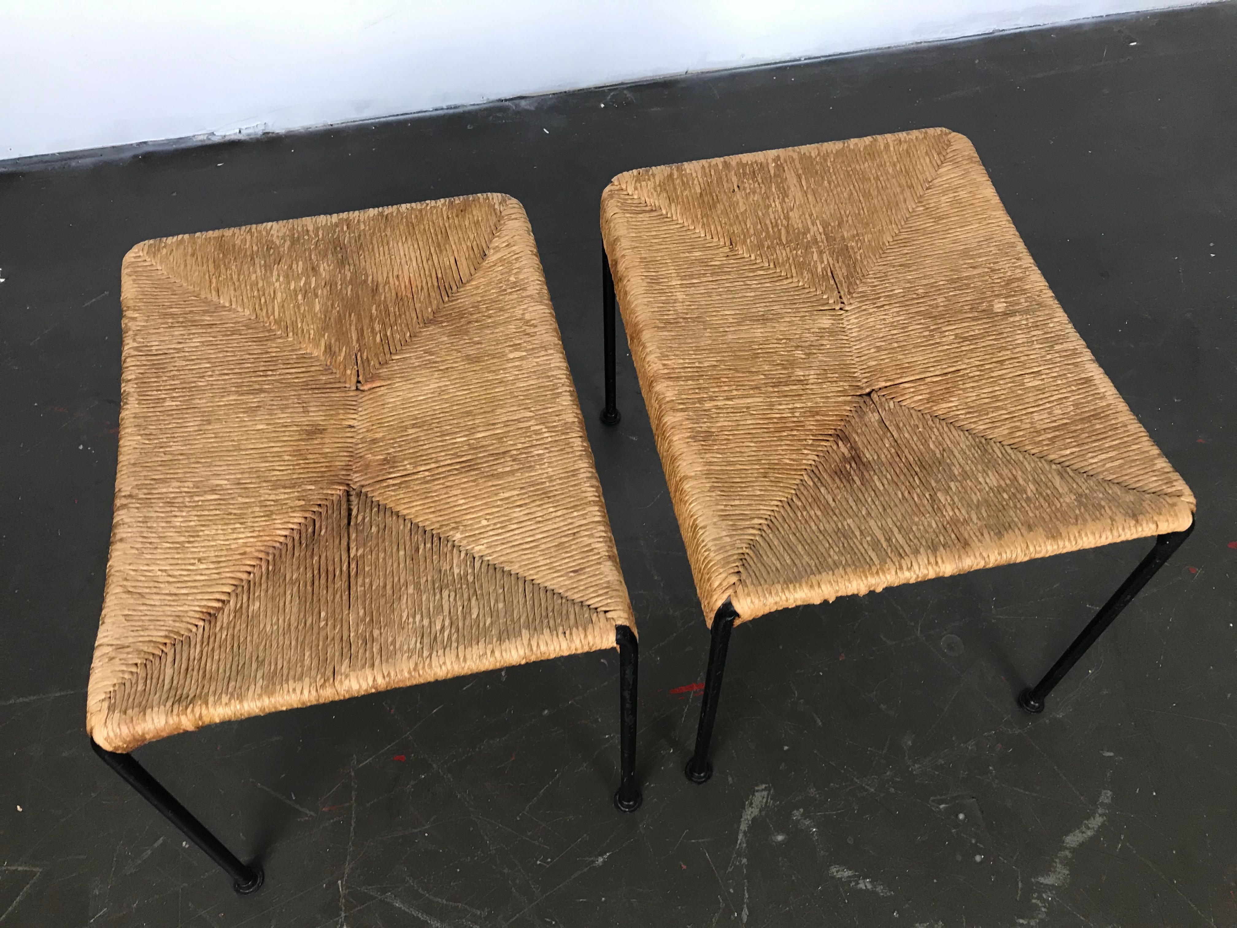 Mid Century Modern Ottomans or Stools in Rope and Iron by Arthur Umanoff  2