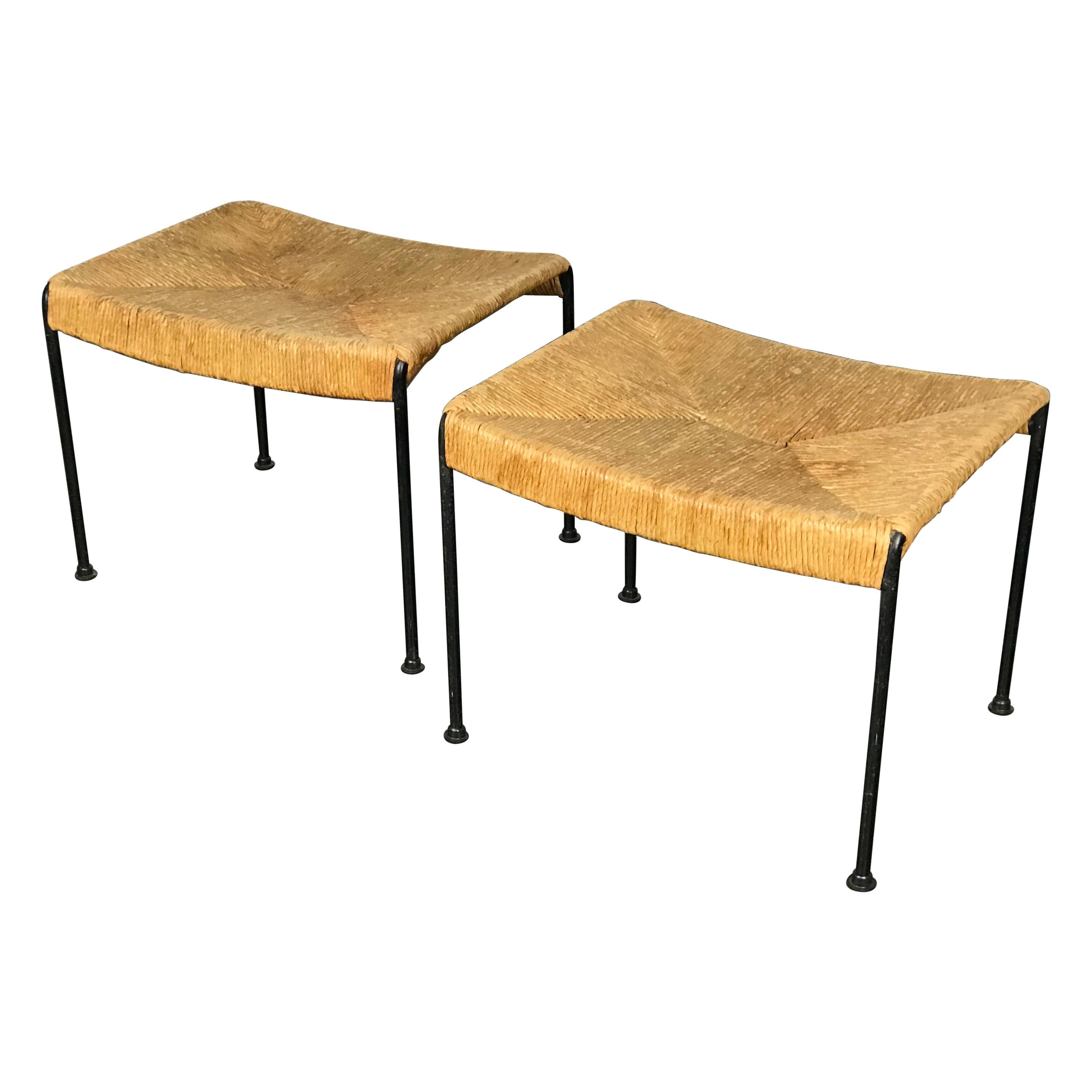 Mid Century Modern Ottomans or Stools in Rope and Iron by Arthur Umanoff 