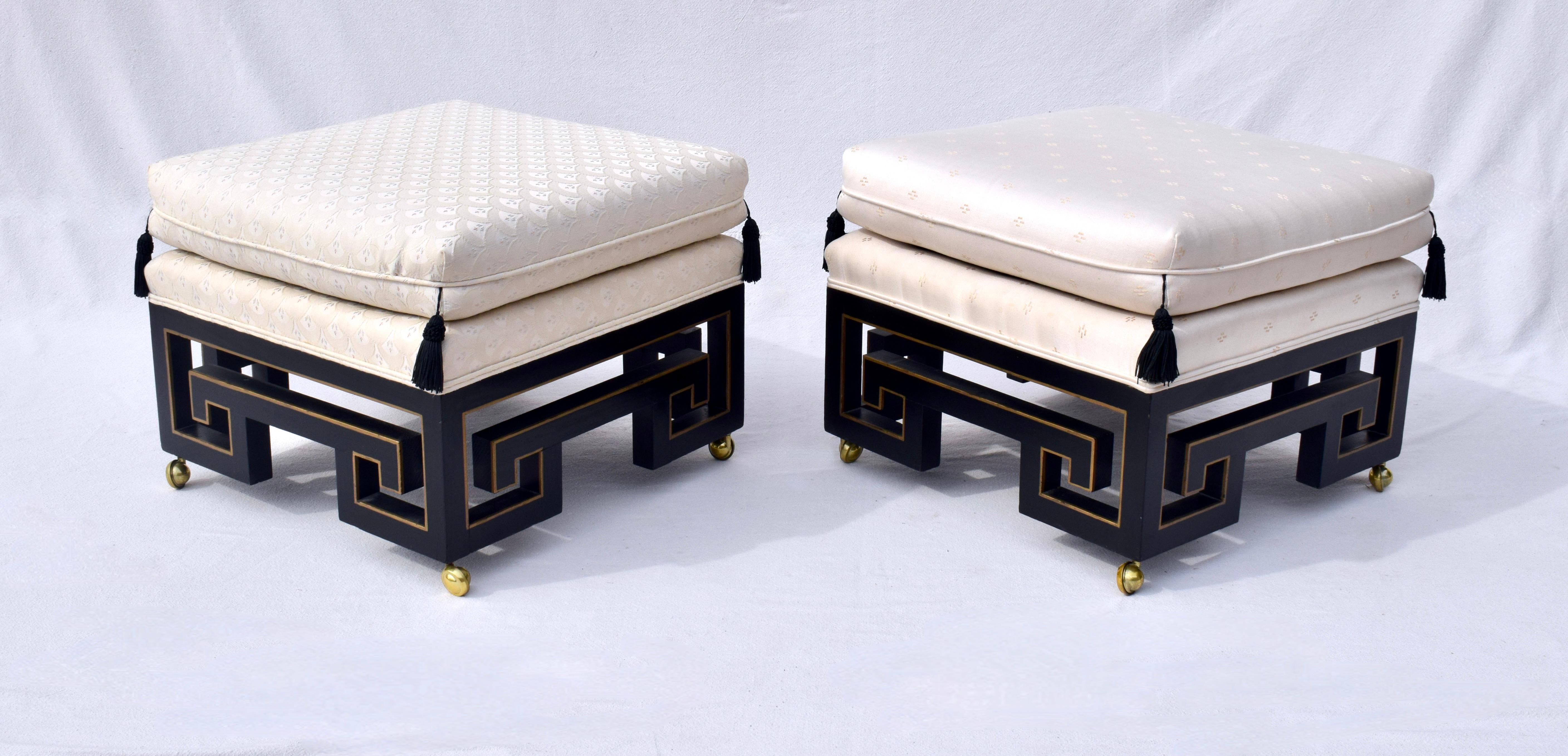 Hollywood Regency Ottomans or Stools With Lacquered Greek Key Bases After James Mont For Sale