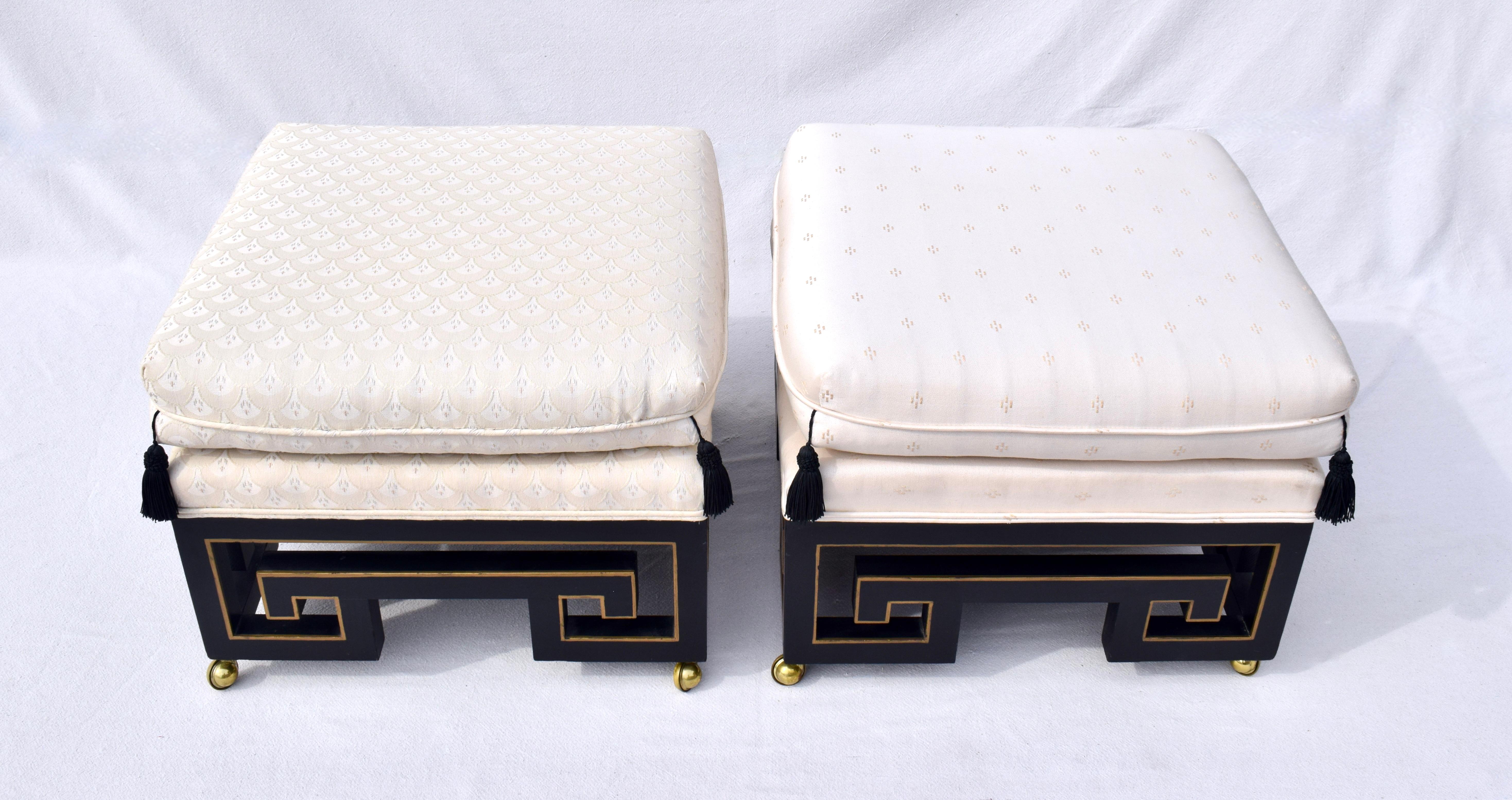 American Ottomans or Stools With Lacquered Greek Key Bases After James Mont For Sale