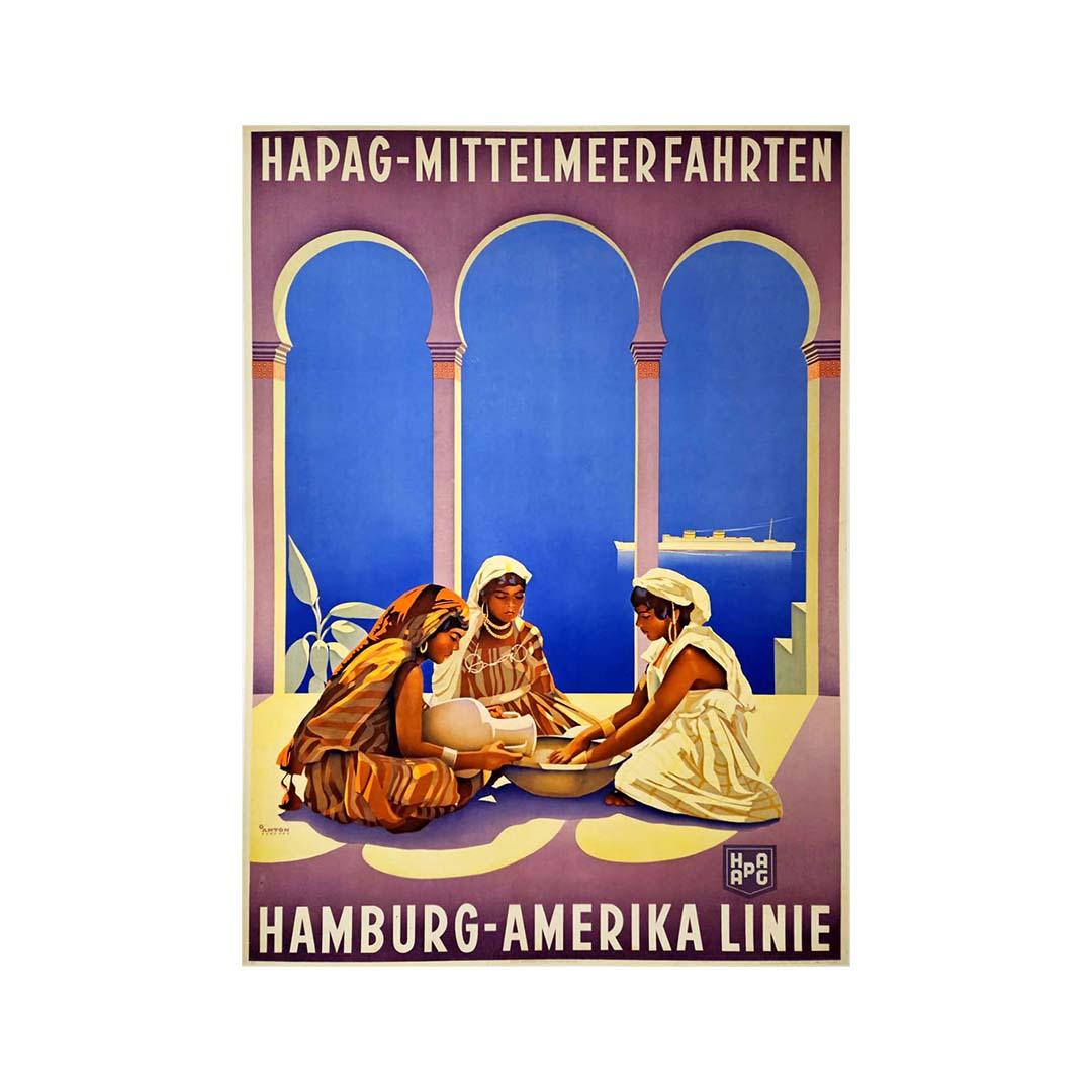 The Hamburg-Amerika Line was a transatlantic shipping line established in Hamburg, Germany, in 1847, and operated until 1970. This poster from 1935 promotes the Hamburg America Line for a Mediterranean cruise.
Before the First World War, the