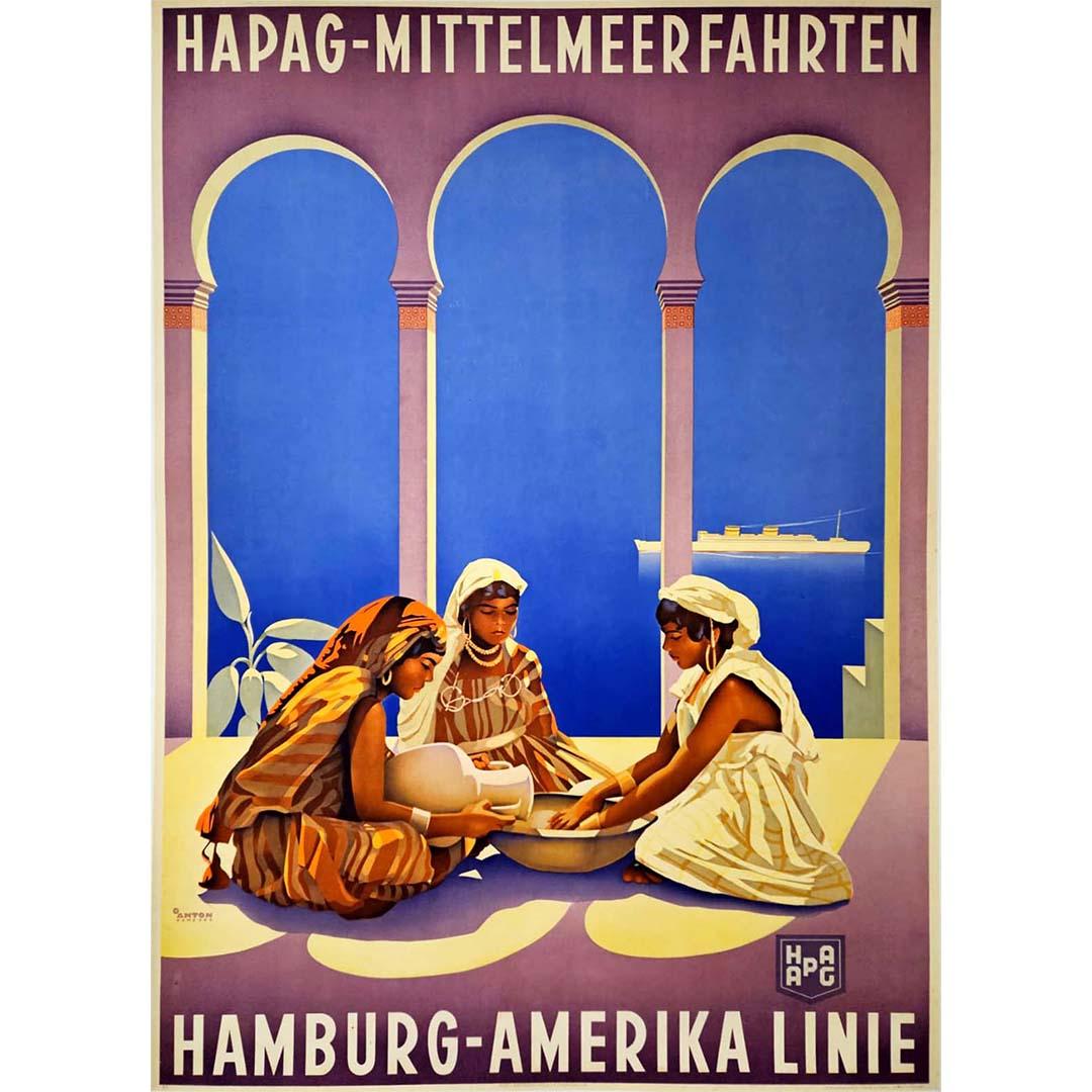 Die Hamburg-Amerika-Linie war eine transatlantische Reederei, die 1847 in Hamburg gegründet wurde und bis 1970 tätig war. Dieses Plakat aus dem Jahr 1935 wirbt für eine Mittelmeer-Kreuzfahrt der Hamburg-Amerika-Linie.
Vor dem Ersten Weltkrieg war