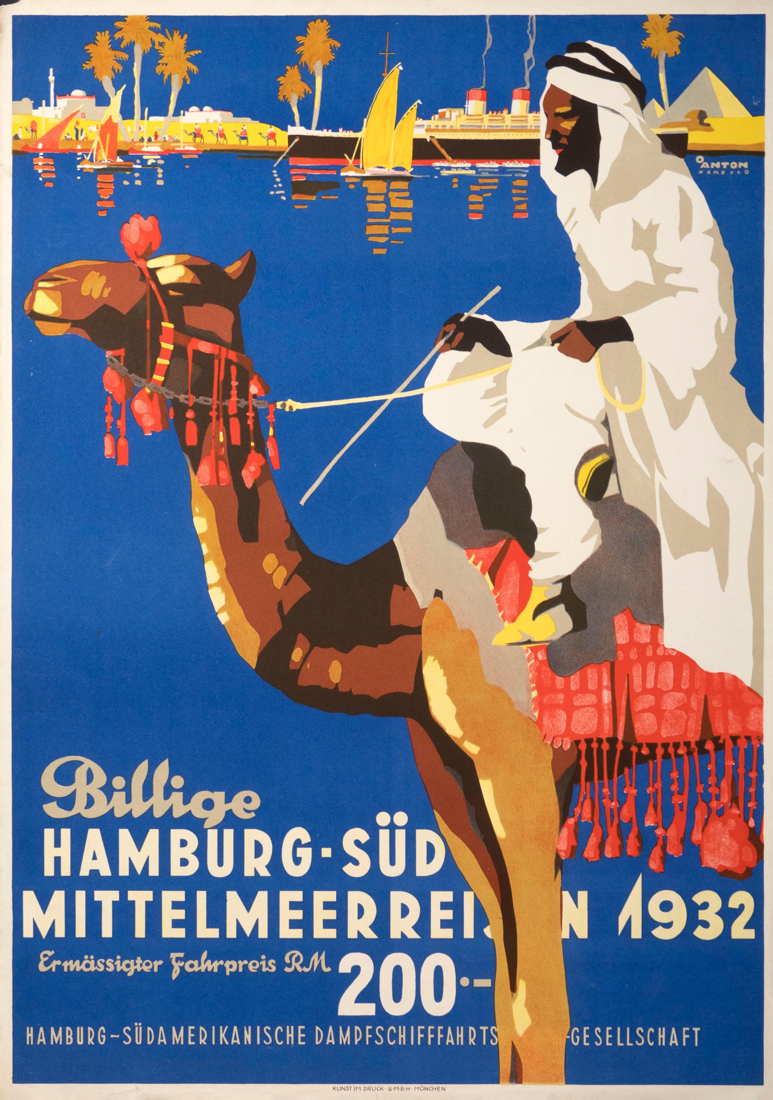 Ottomar Anton Figurative Print - Hamburg Sud Mediterranean Cruise Travel Ocean Liner Original Vintage Poster 1932