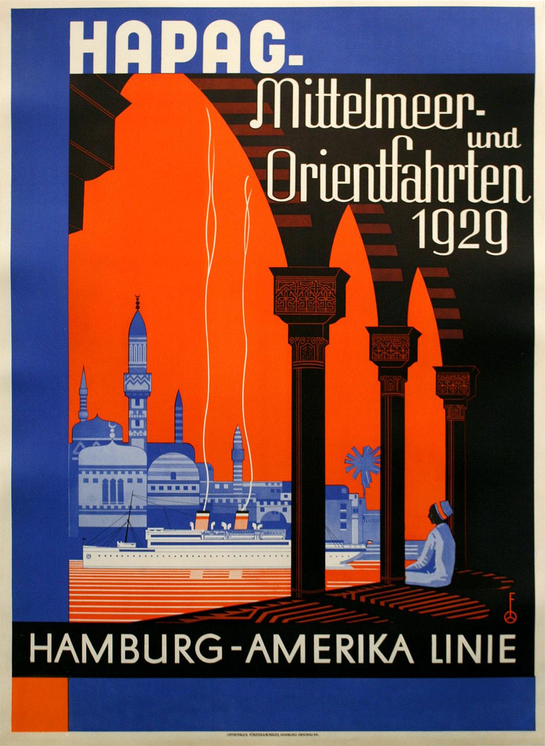 Original Vintage Hapag Hamburg Amerika Mittelmeer und Orientfahrten - Print de Ottomar Anton
