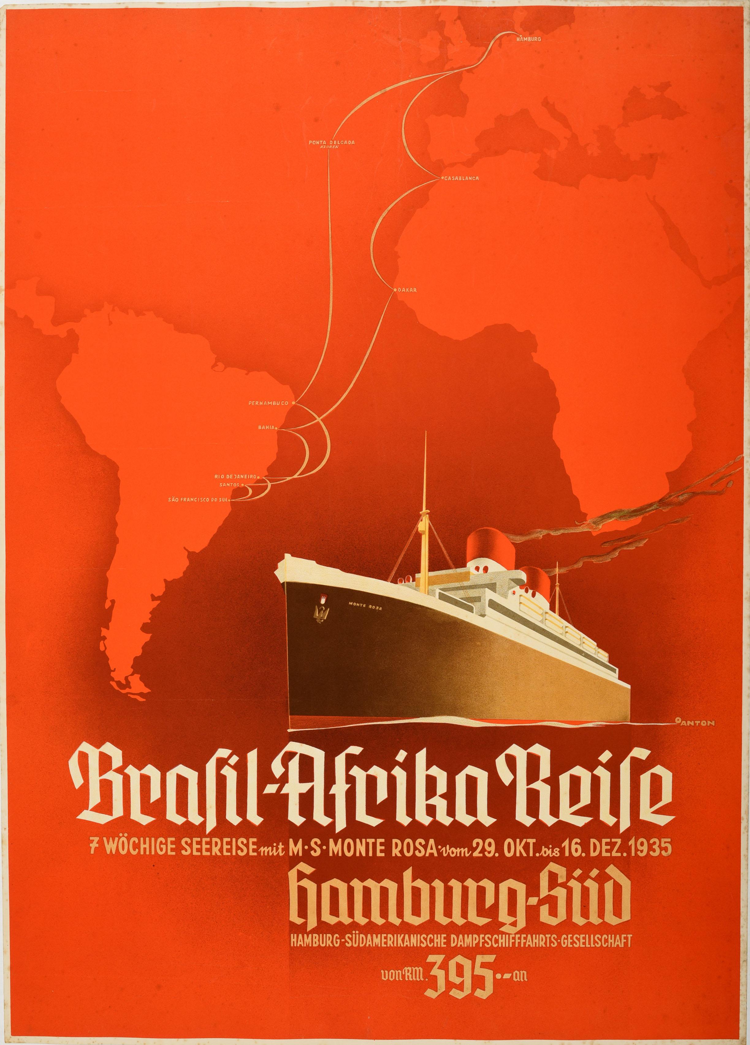 Ottomar Anton Print - Original Vintage Poster Brasil Africa Reise Cruise Travel Hamburg Sud Windrush
