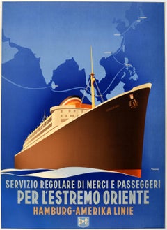Original Vintage Poster Far East Hamburg America Line Ship Asia Route Map Design