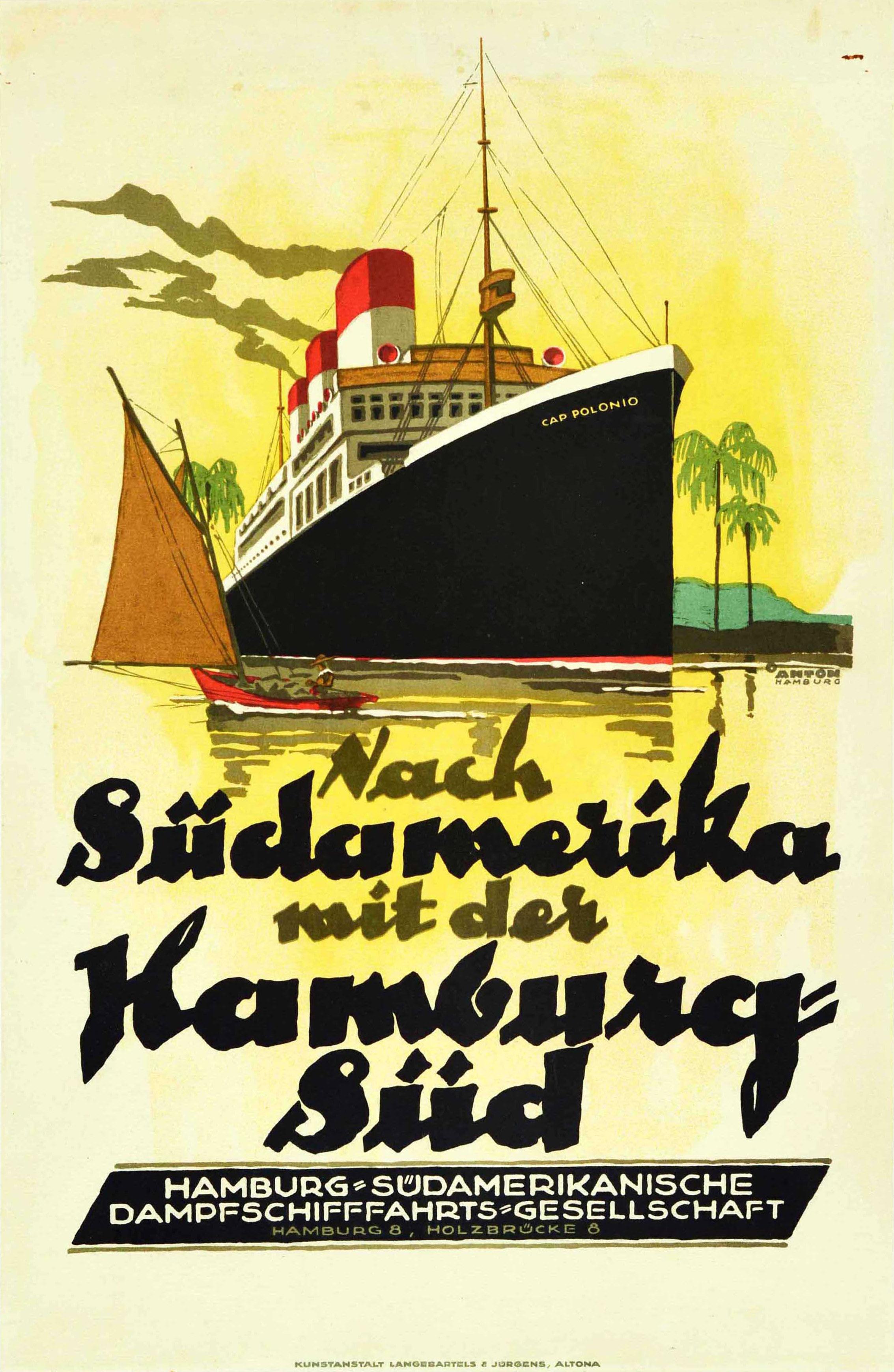 Ottomar Anton Print - Original Vintage Poster Sudamerika S America Hamburg Sud Cruise Ship Cap Polonio