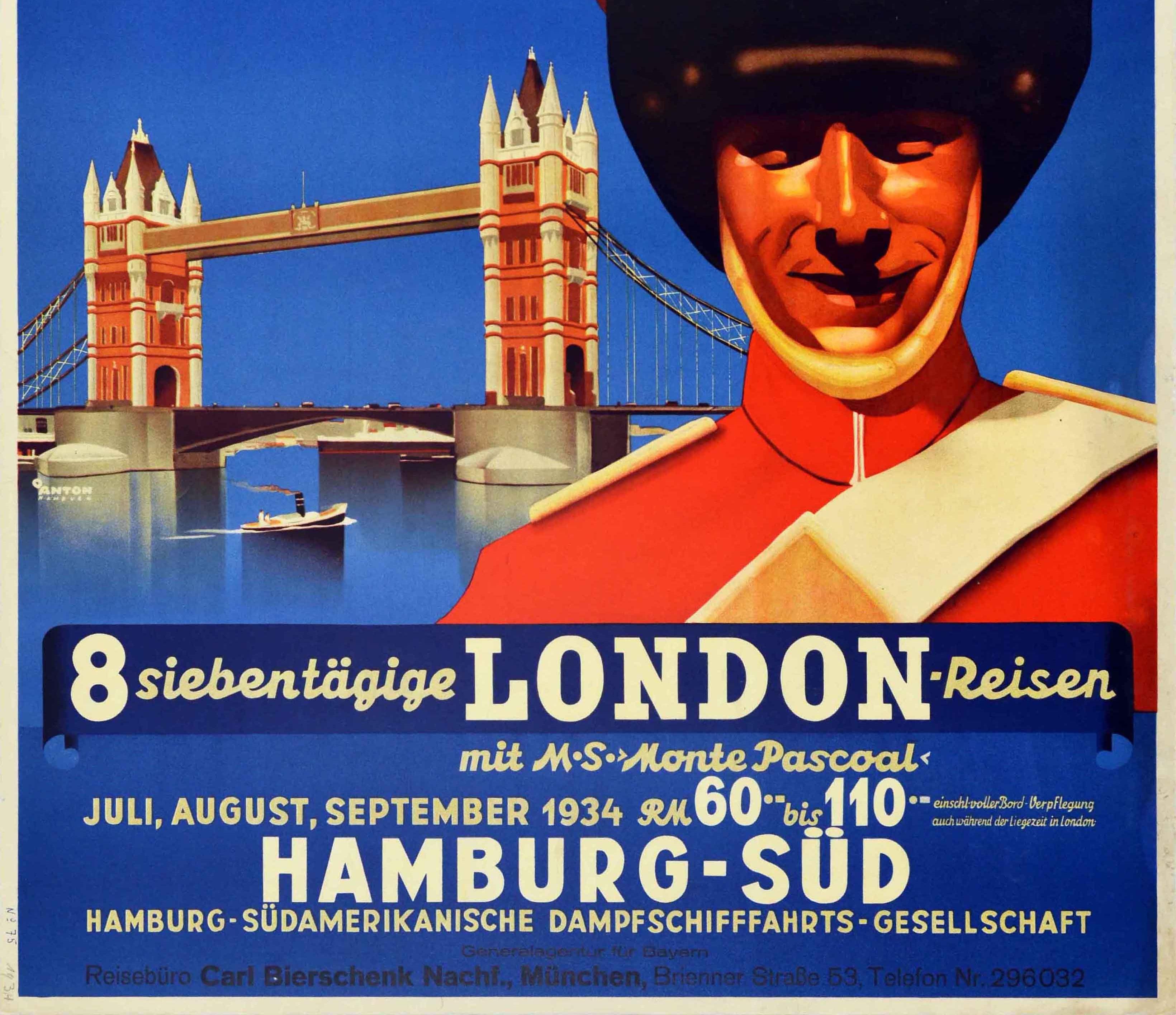 Original-Vintage-Reiseplakat London Cruise Ft. Royal Guard Tower Bridge Design (Violett), Print, von Ottomar Anton