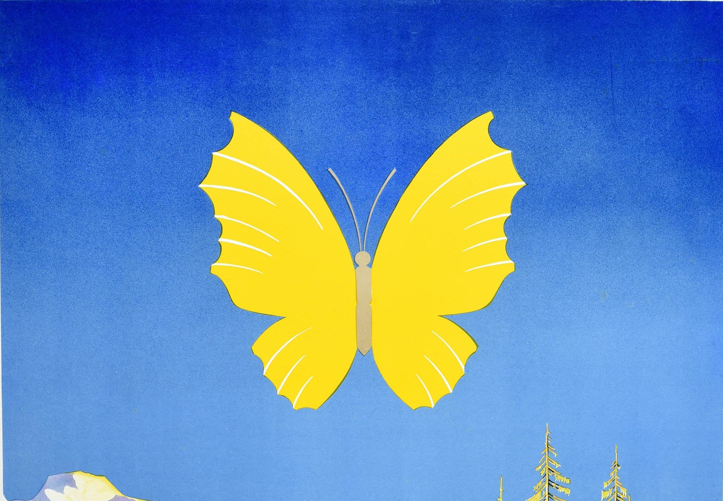 Affiche de voyage vintage d'origine Touropa, Sport d'hiver Express Train Butterfly Art - Print de Ottomar Anton