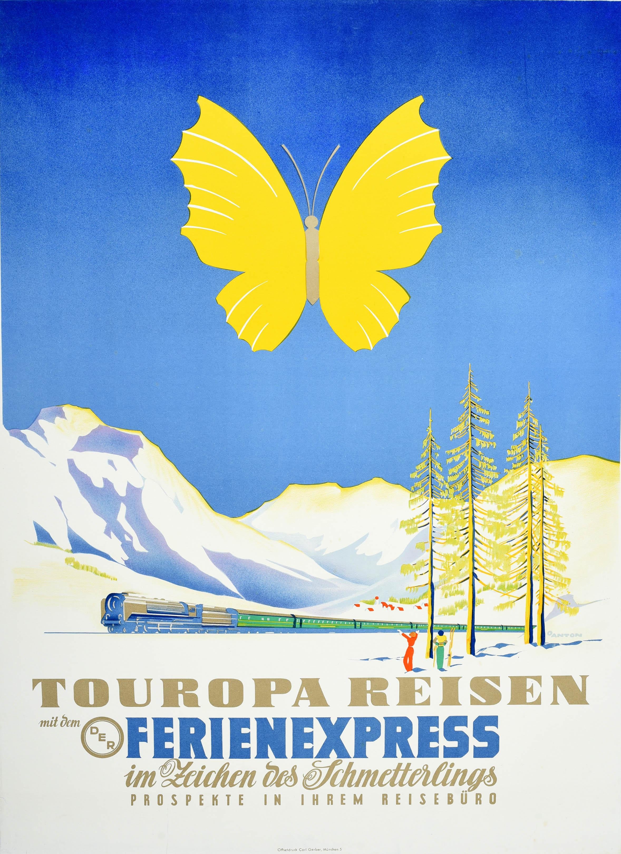 Print Ottomar Anton - Affiche de voyage vintage d'origine Touropa, Sport d'hiver Express Train Butterfly Art
