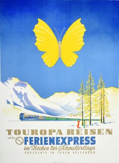 Original Vintage Travel Poster Touropa Winter Sport Express Train Butterfly Art
