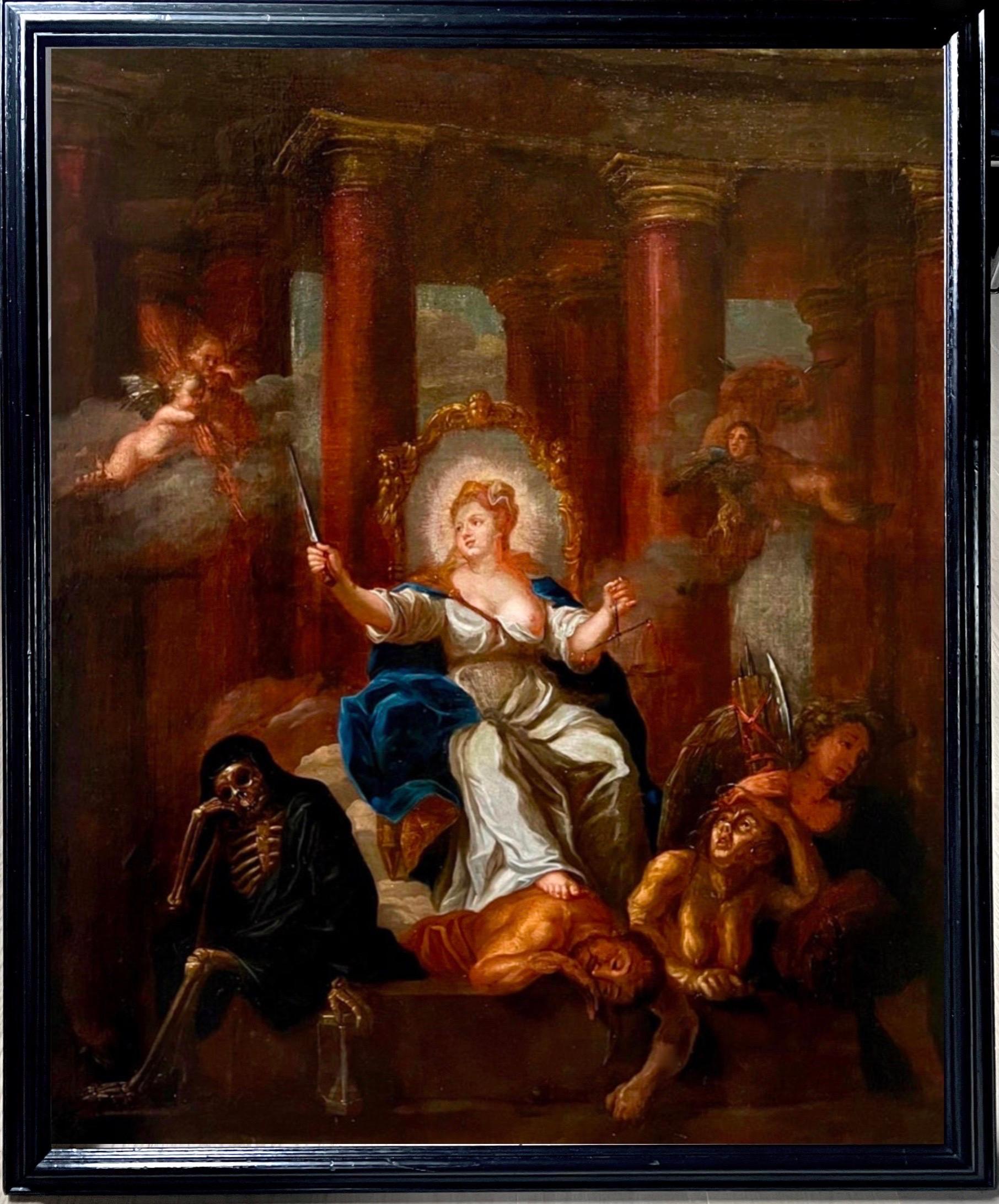 Peinture de maître ancien du 17ème siècle - Allégorie de la justice - démons de la vérité squelette  - Painting de Ottomar Ellinger