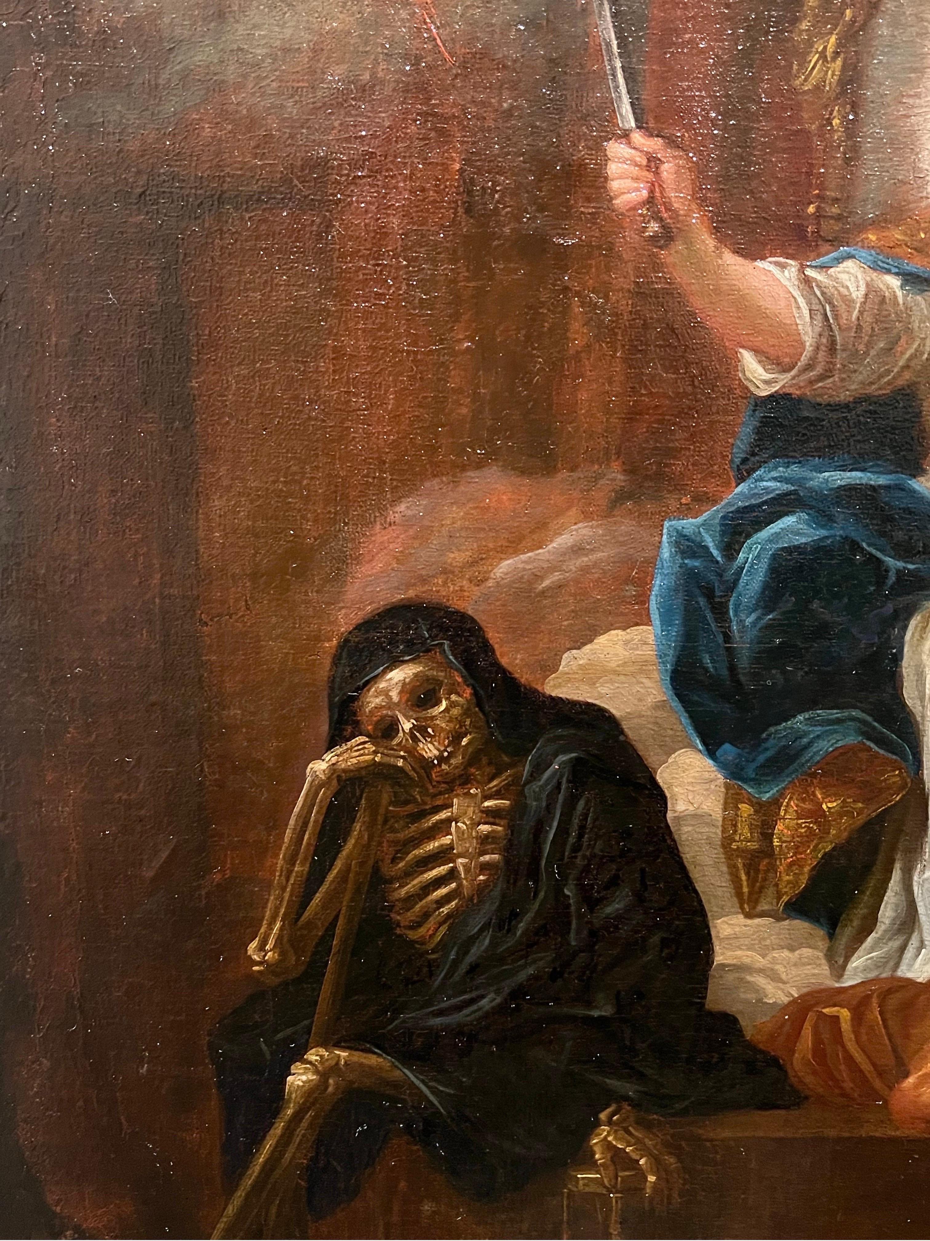 Peinture de maître ancien du 17ème siècle - Allégorie de la justice - démons de la vérité squelette  en vente 1