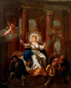 Das Gemälde eines alten Meisters aus dem 17. Jahrhundert – Allegorie der Justiz – wahre Dämonen Skelett 