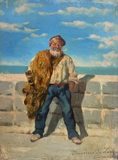 Antique Italian Signed Oil Painting Portrait of Old Fisherman Mediterranean