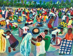 Haitian Folk Art Market Scene Oil Painting by Ouatt