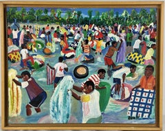 Haitian Folk Art Market Scene Oil Painting by Ouatt