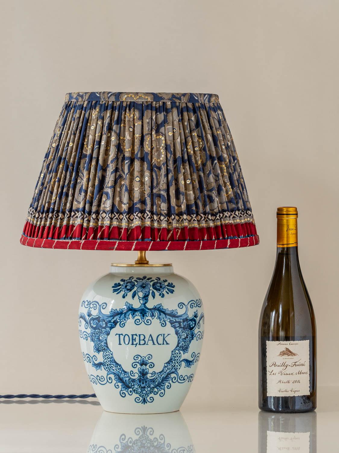 Dutch Oud Delft Tobacco Jar Table Lamp with New Pleated Sari Silk Shade, Post-1968 For Sale