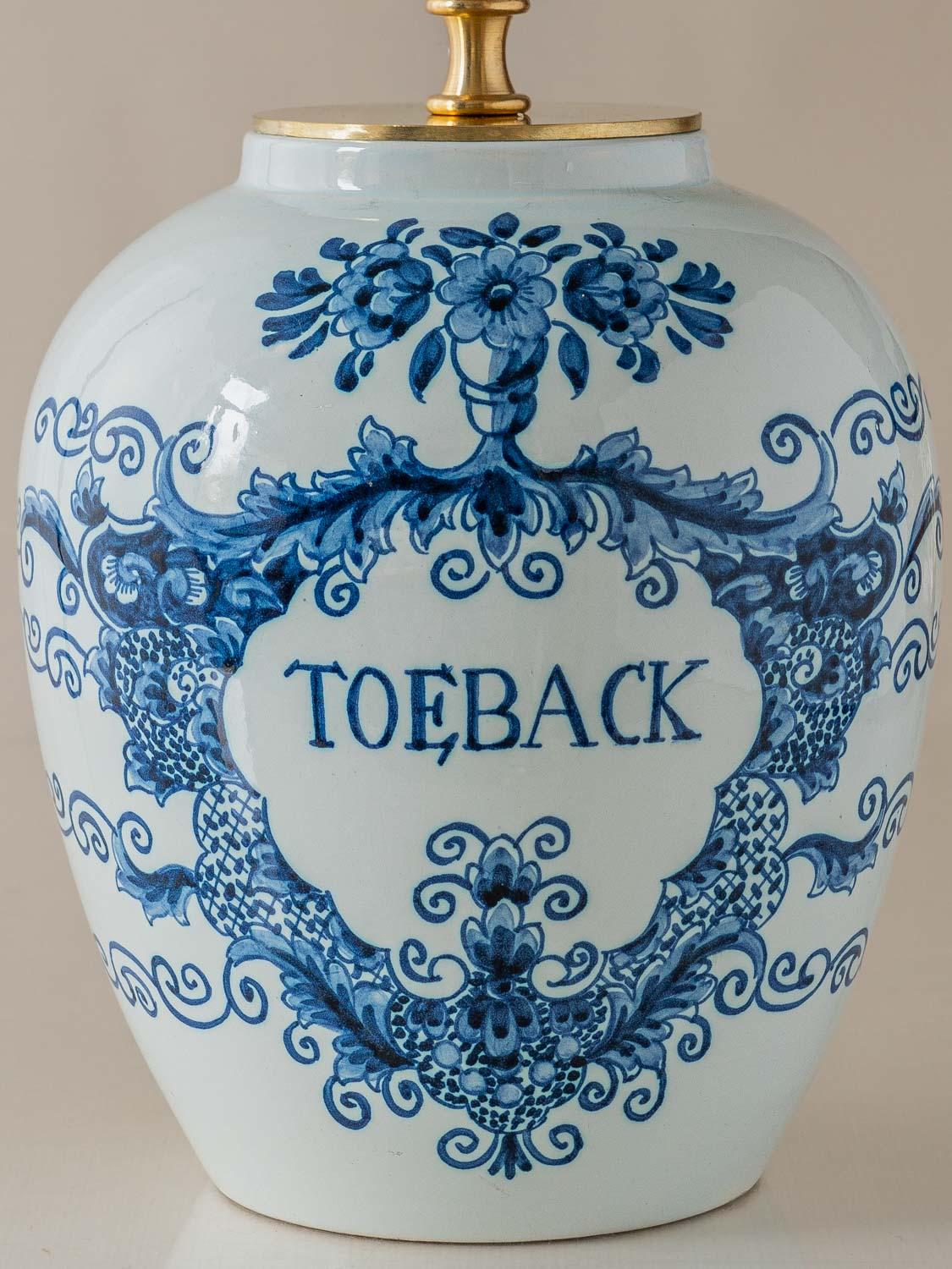 Oud Delft Tobacco Jar Table Lamp with New Pleated Sari Silk Shade, Post-1968 For Sale 1