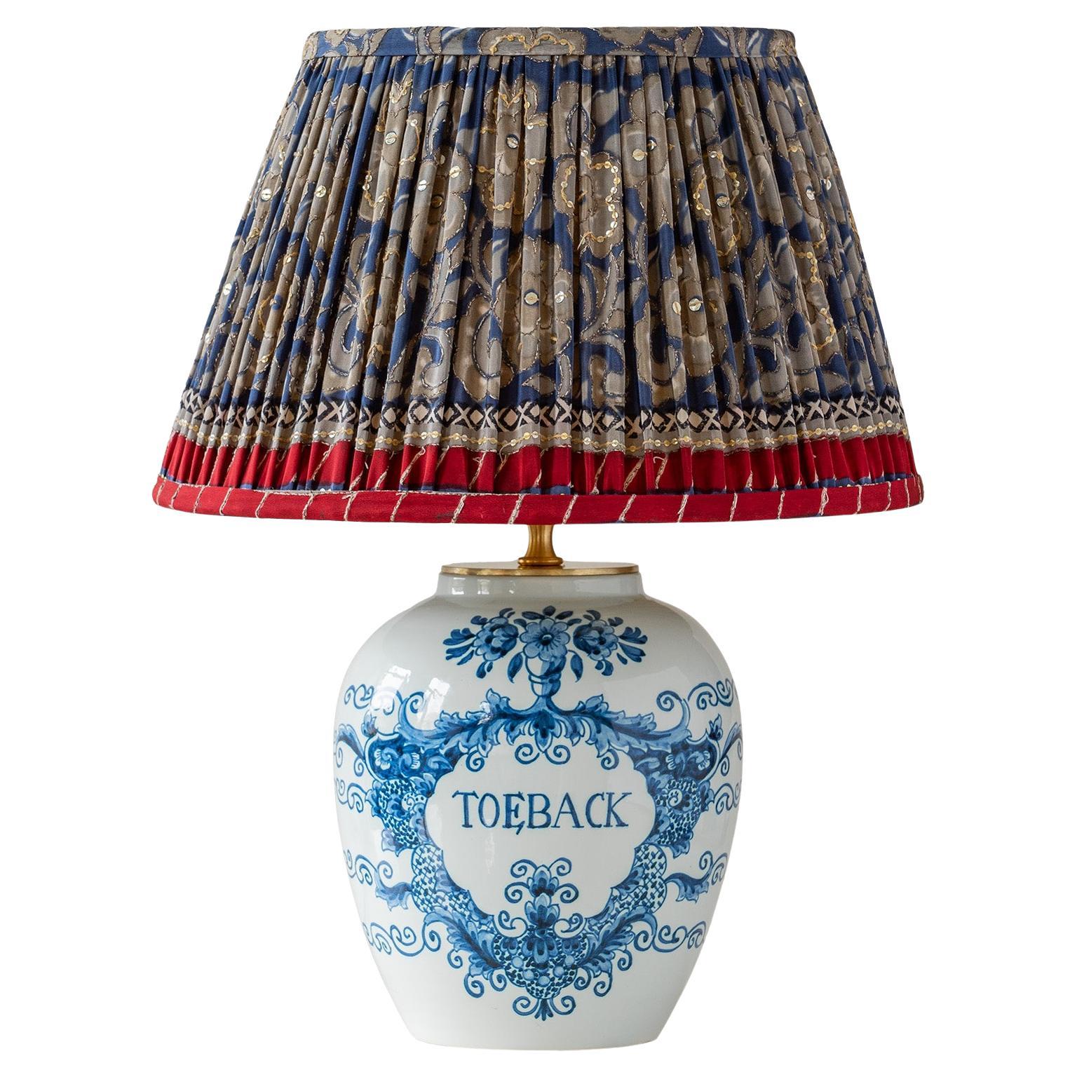Oud Delft Tobacco Jar Table Lamp with New Pleated Sari Silk Shade, Post-1968