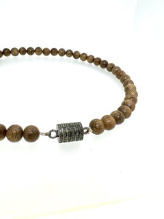 Oud Wood Bead Necklace with Silver Diamond Magnetic Closure