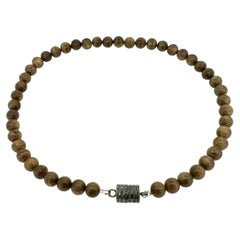 Oud Wood Bead Necklace with Silver Diamond Magnetic Closure