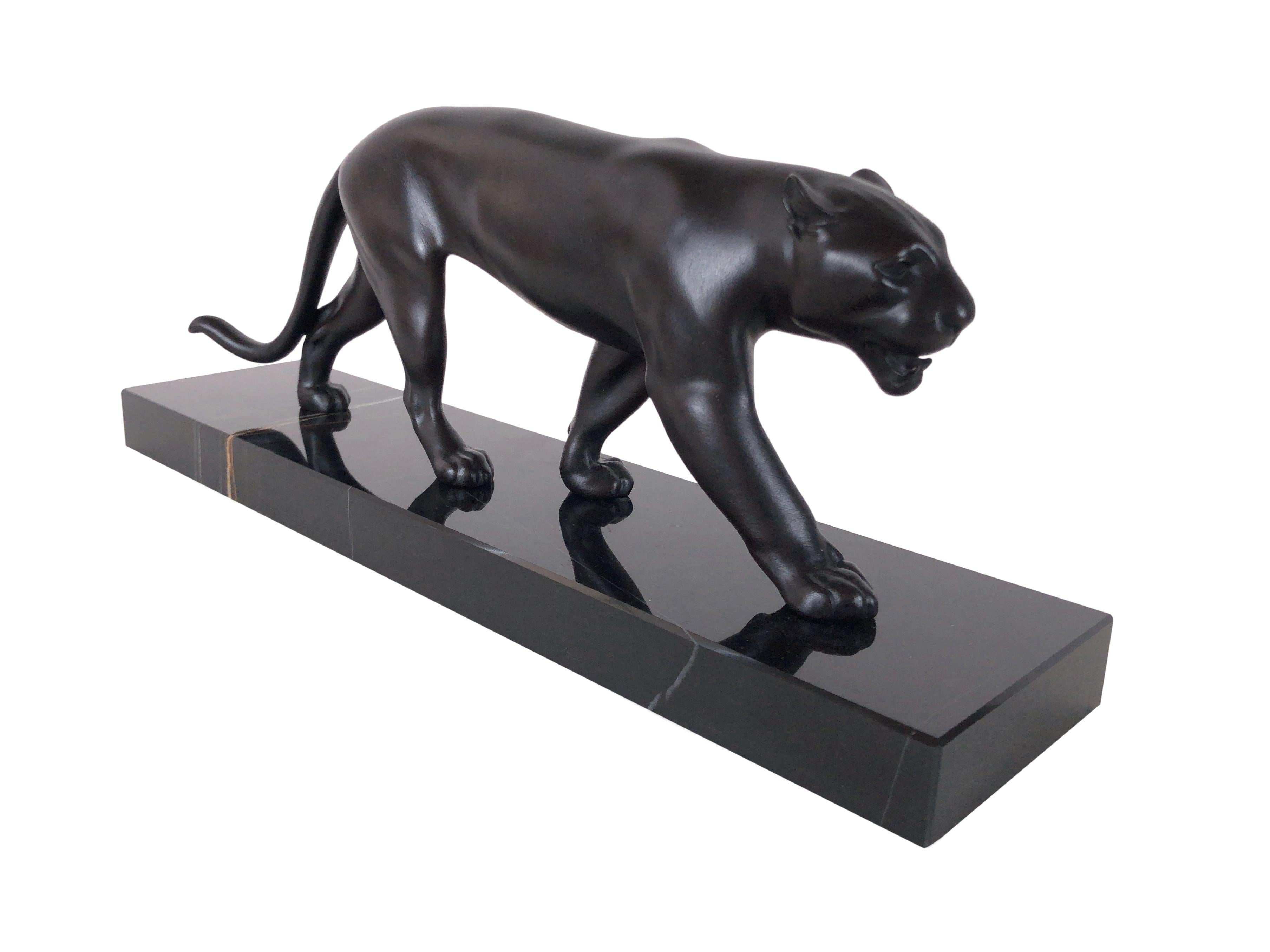 Blackened Ouganda Animal Sculpture Black Panther French Art Deco Style by Max Le Verrier For Sale