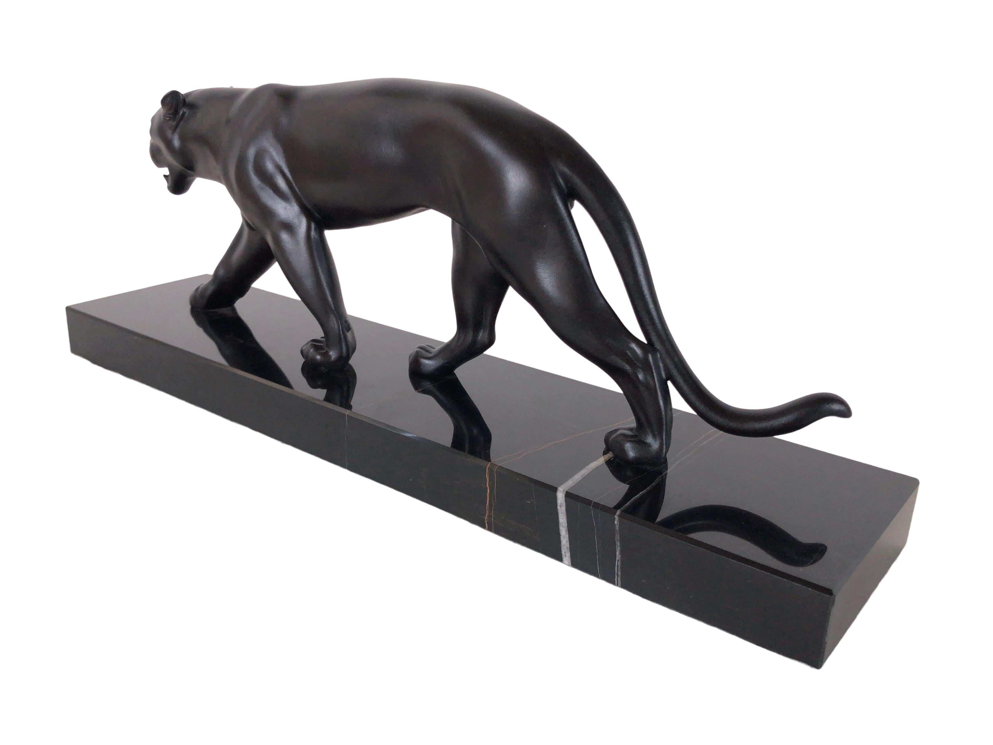Spelter Ouganda Animal Sculpture Black Panther French Art Deco Style by Max Le Verrier For Sale