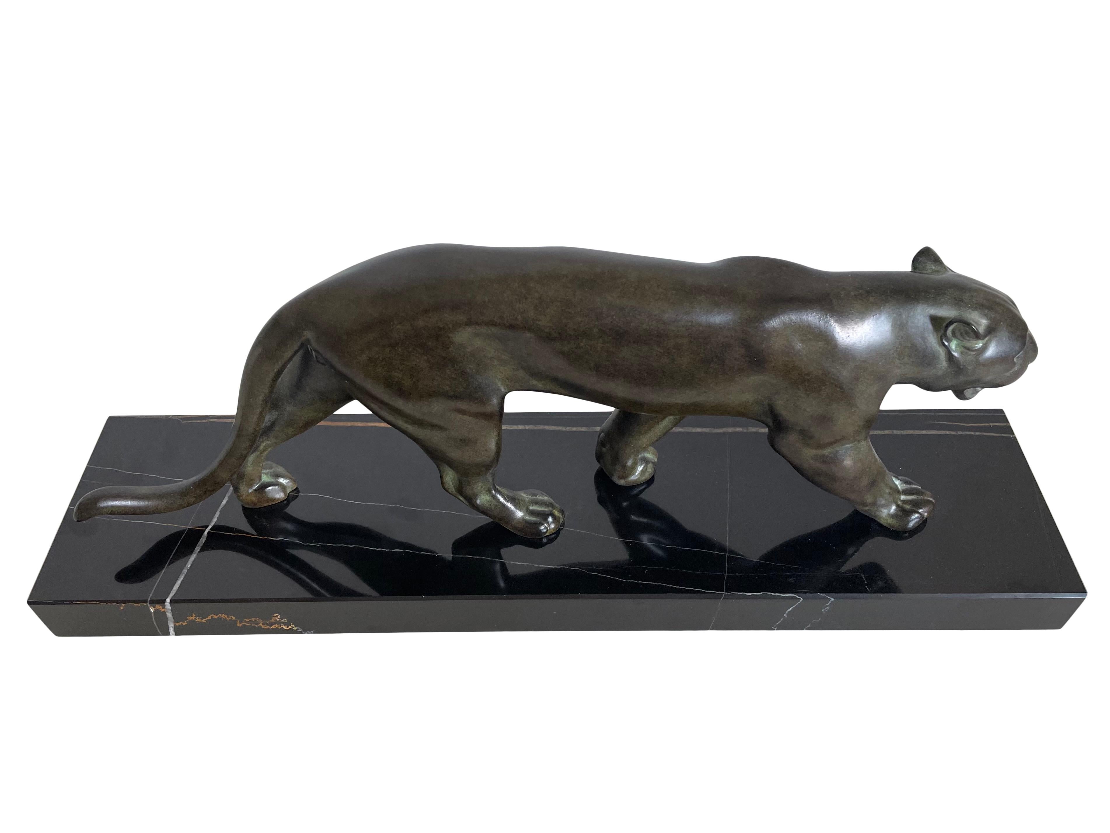 Patinated Ouganda Art Deco Style Panther Sculpture Original Max Le Verrier in Spelter For Sale