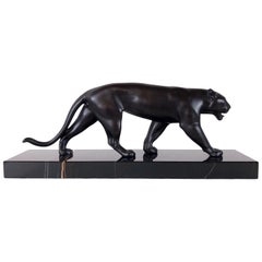 Ouganda Black Art Deco Style Panther Sculpture Original Max Le Verrier Spelter