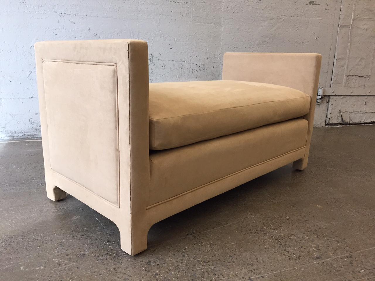 Flavor Custom Design originals oversized bench style of Milo Baughman. The bench is upholstered in an ultra-suede fabric and has a loose cushioned seat.
Part of Flavor Custom Design (FCD) furniture line.