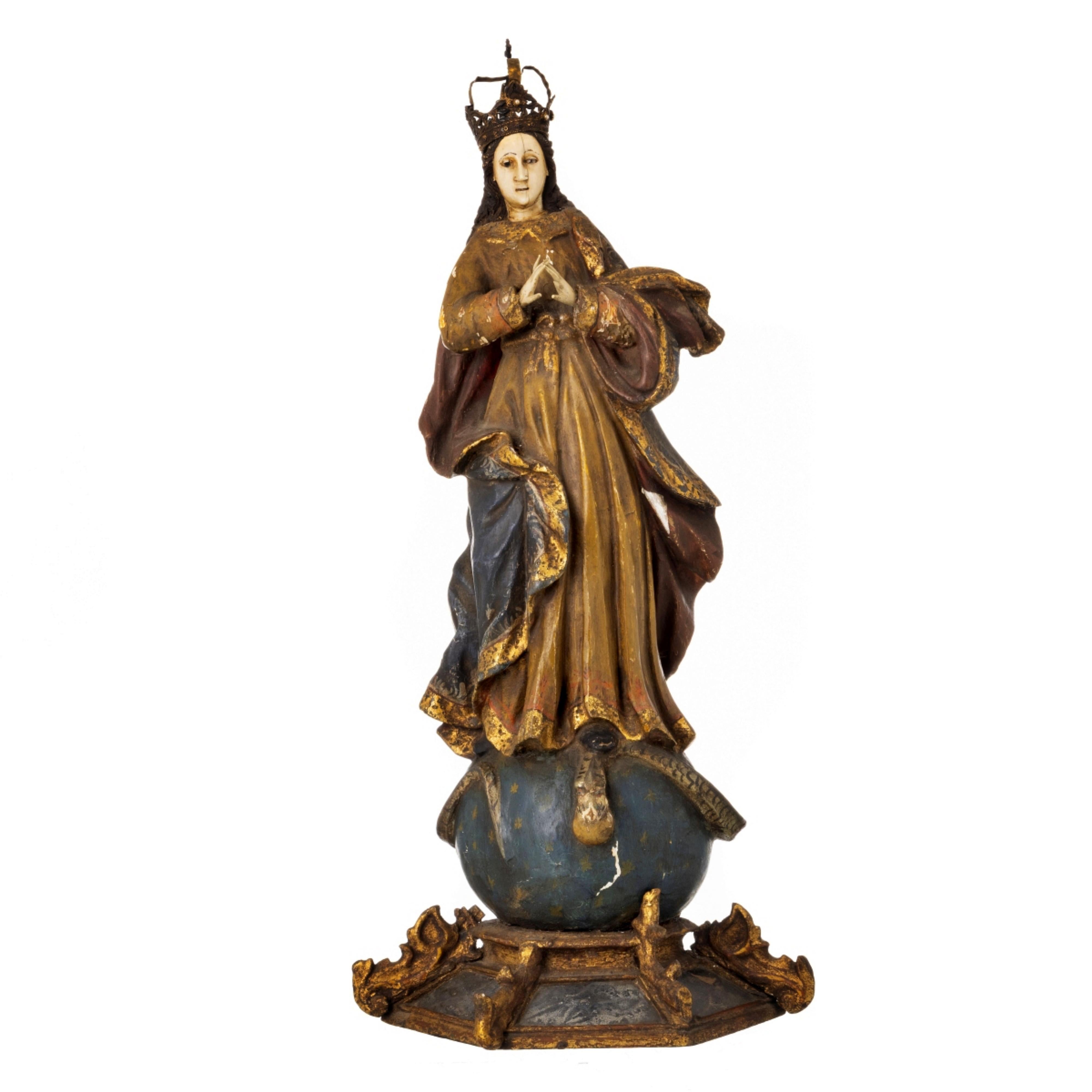 Indo-portuguesische Skulptur „OUR LADY OF CONCEPTION“ aus dem 18. Jahrhundert (Handgefertigt) im Angebot