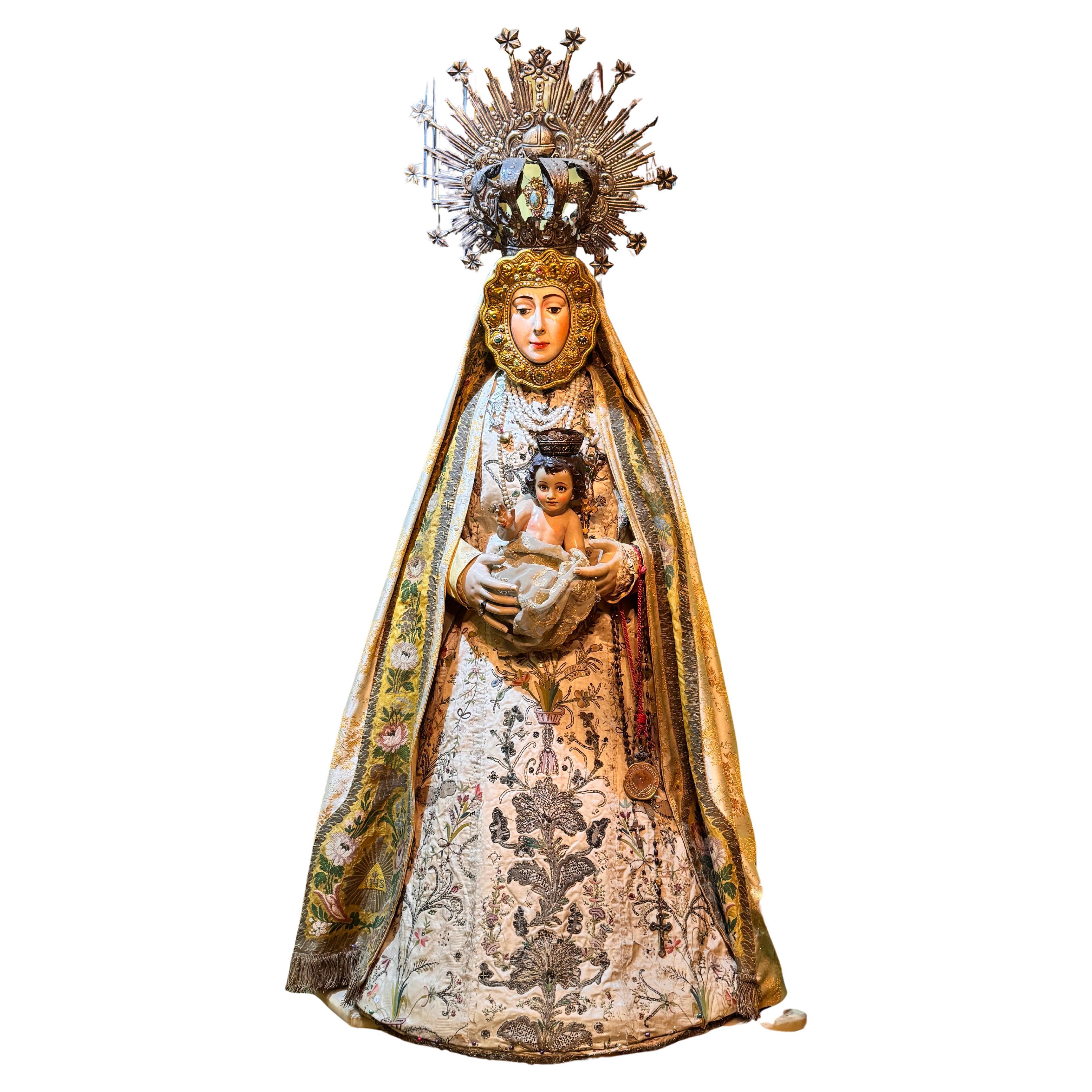 Our Lady of El Rocío, dressed in robes, with Child and Peruvian Alpaca Crown For Sale